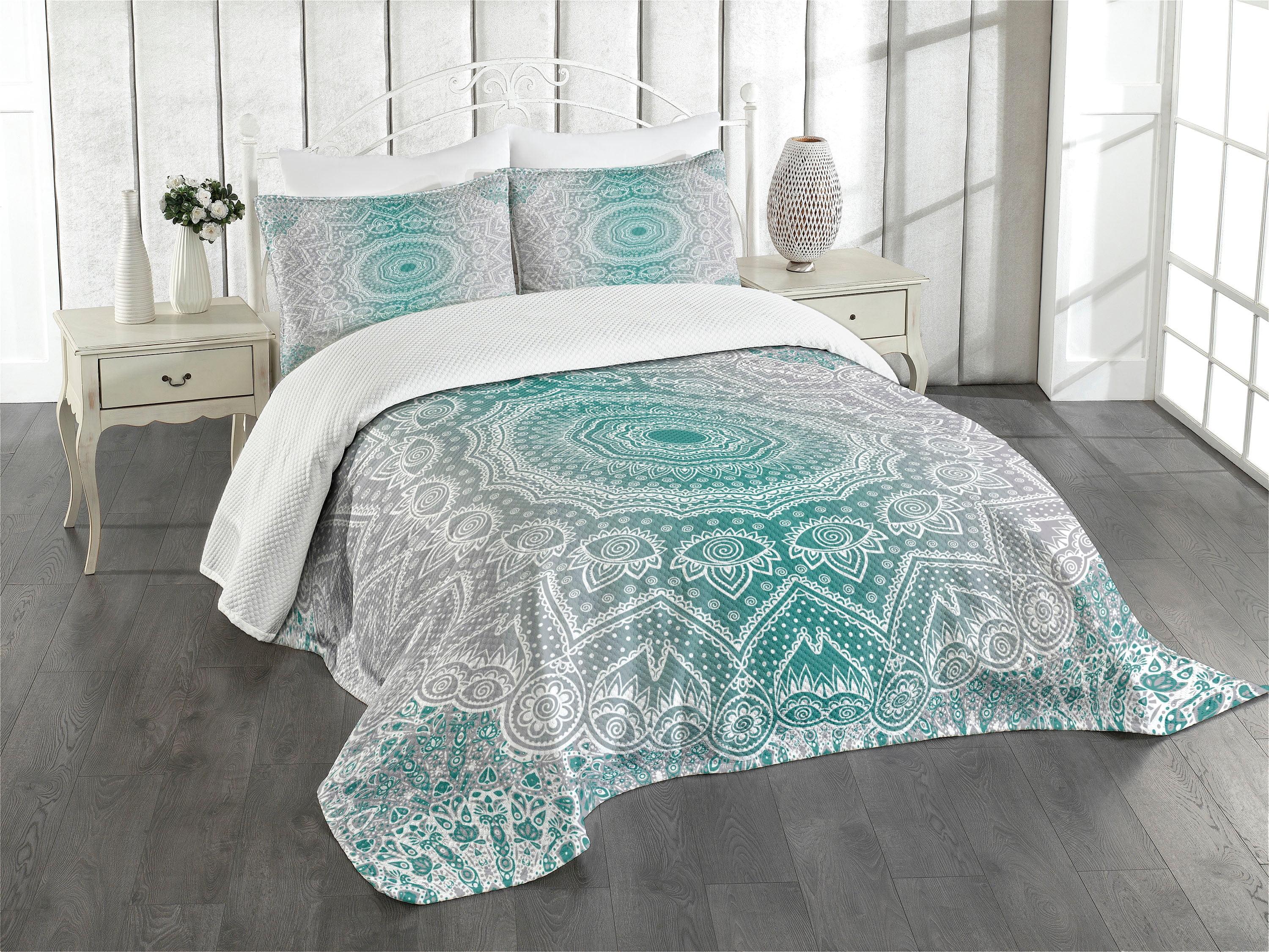 Teal and Gray Mandala Twin Quilted Bedspread Set