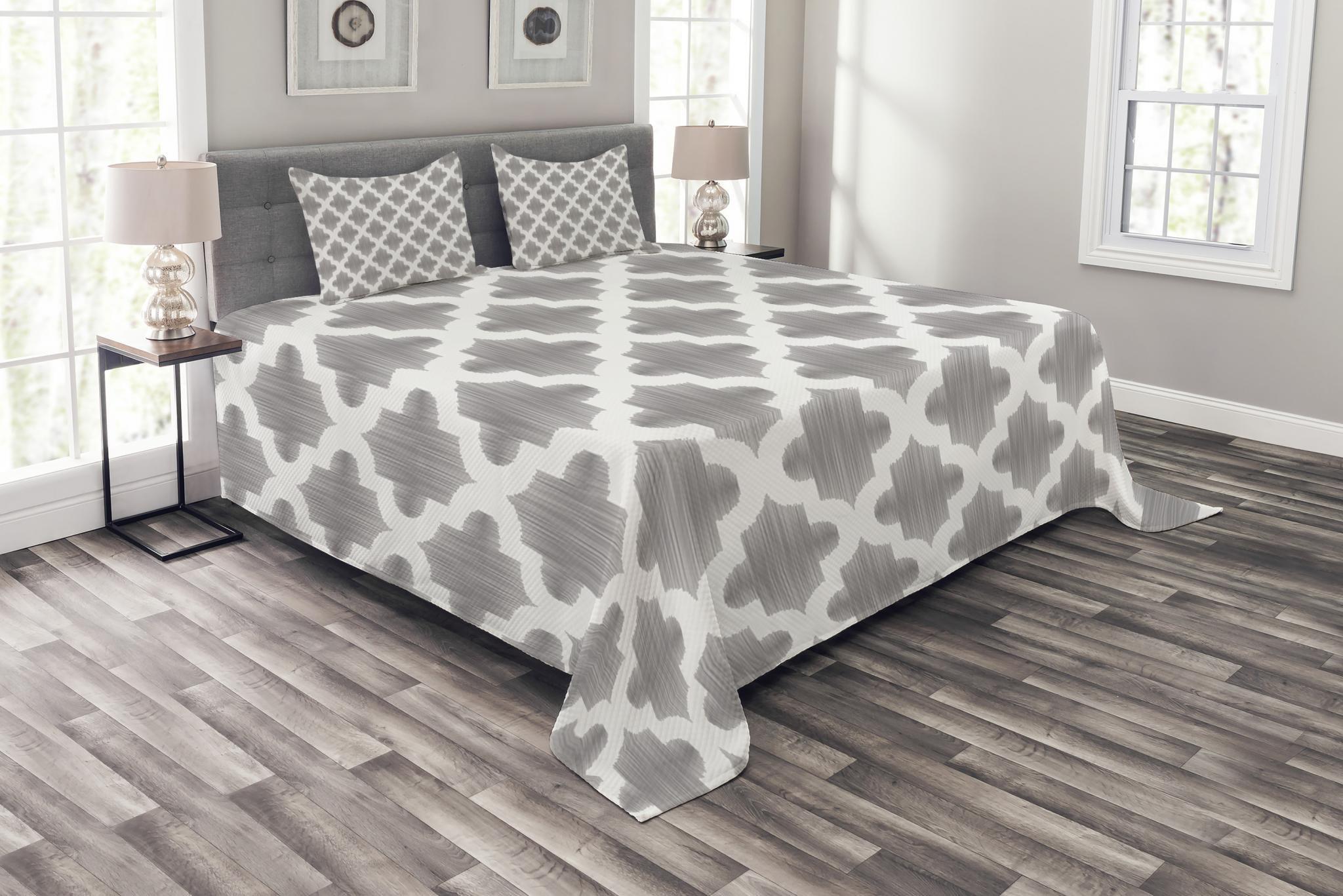 Ambesonne Grey and White Bedspread Set Geometric Damask Dimgrey White