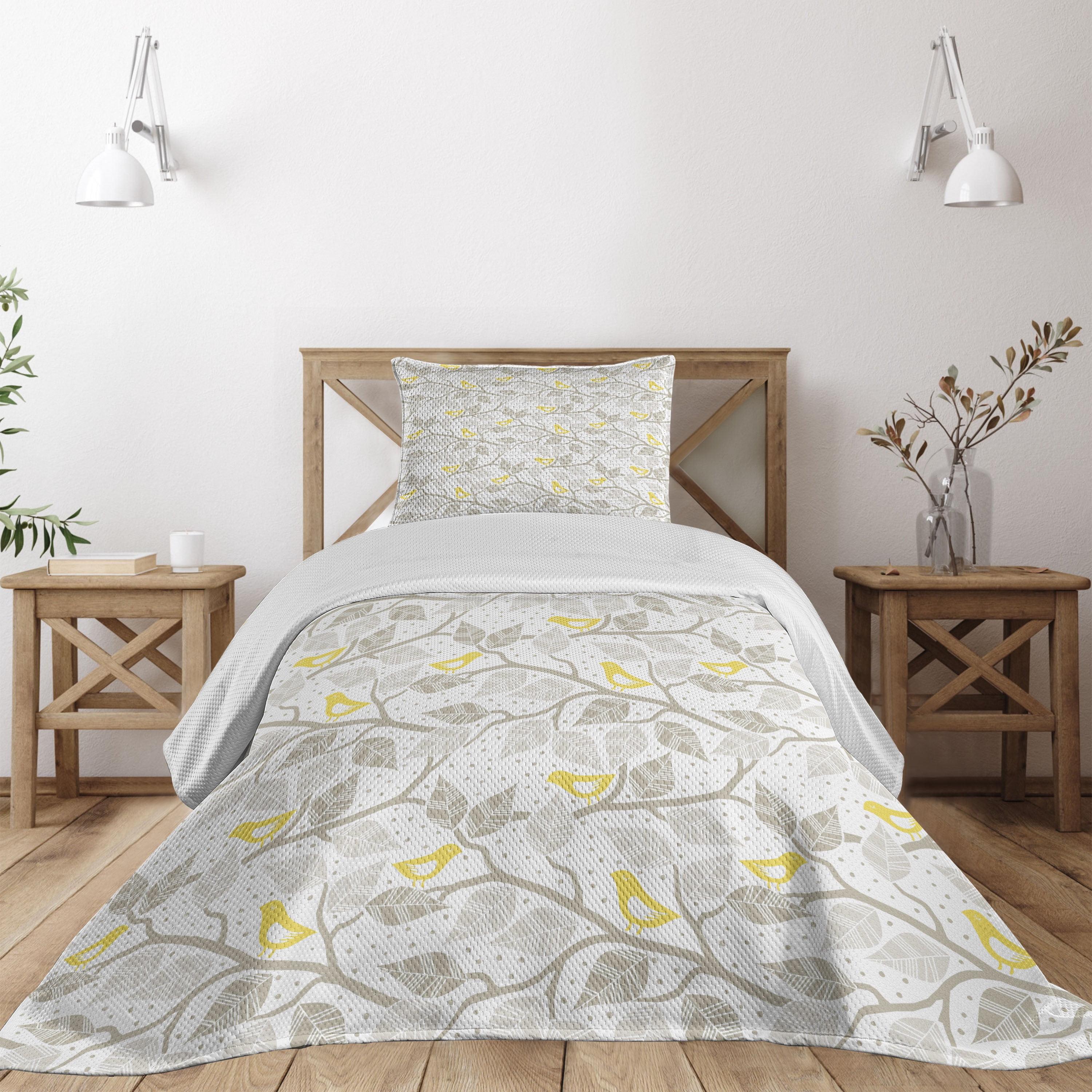 Ambesonne Ambesonne Grey and Yellow Bedspread Set Tree and Birds Grey Yellow and White