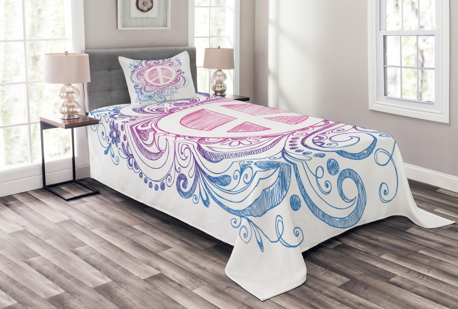Ambesonne Ambesonne Groovy Bedspread Set Peace Sign and Swirls Pink Blue White