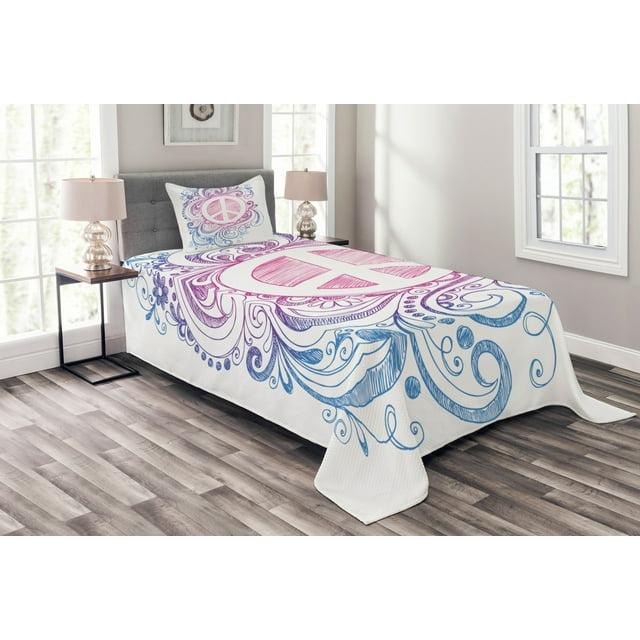 Ambesonne Ambesonne Groovy Bedspread Set Peace Sign and Swirls Pink Blue White