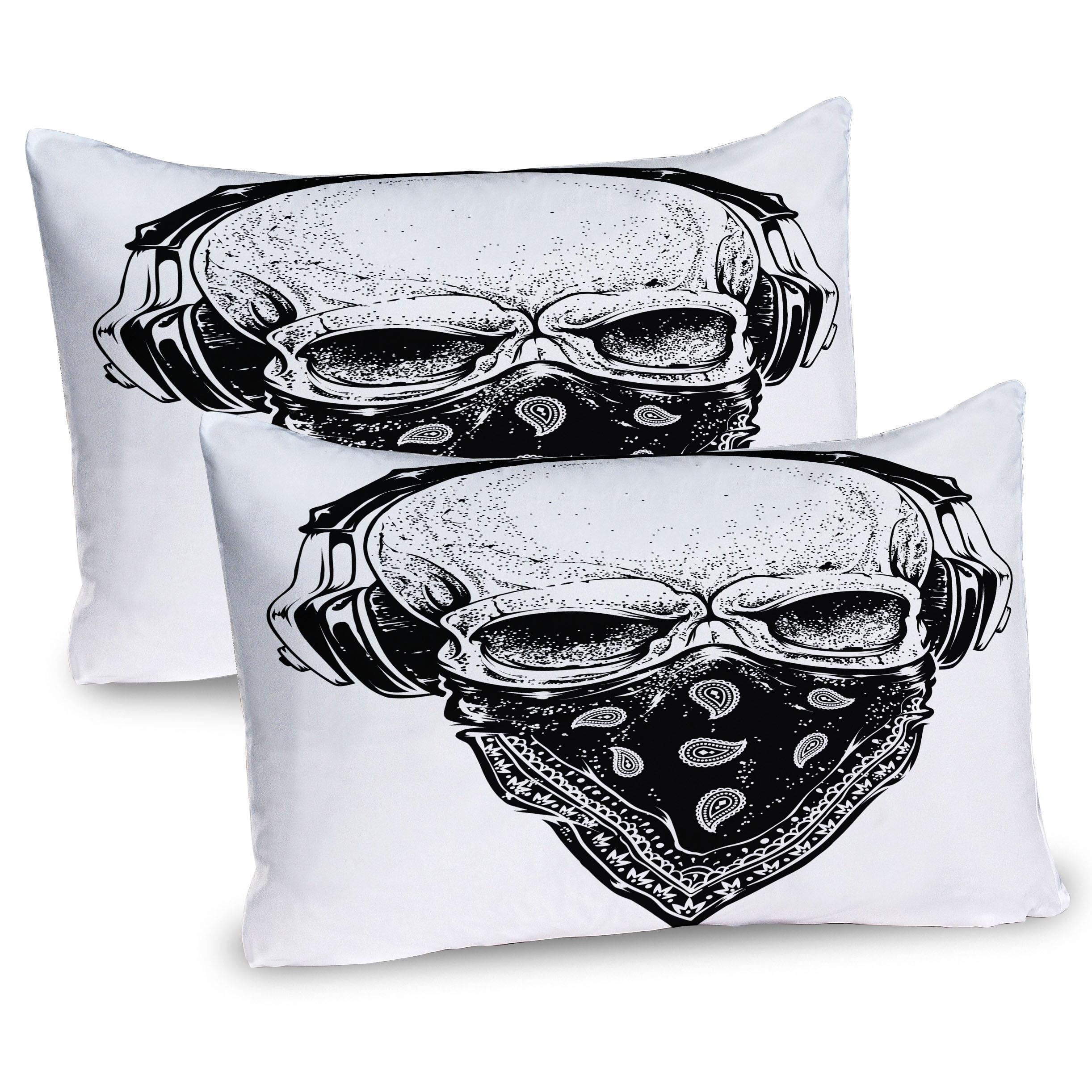 Gothic Skull Headphones Pale Grey Black Microfiber Pillow Sham Set