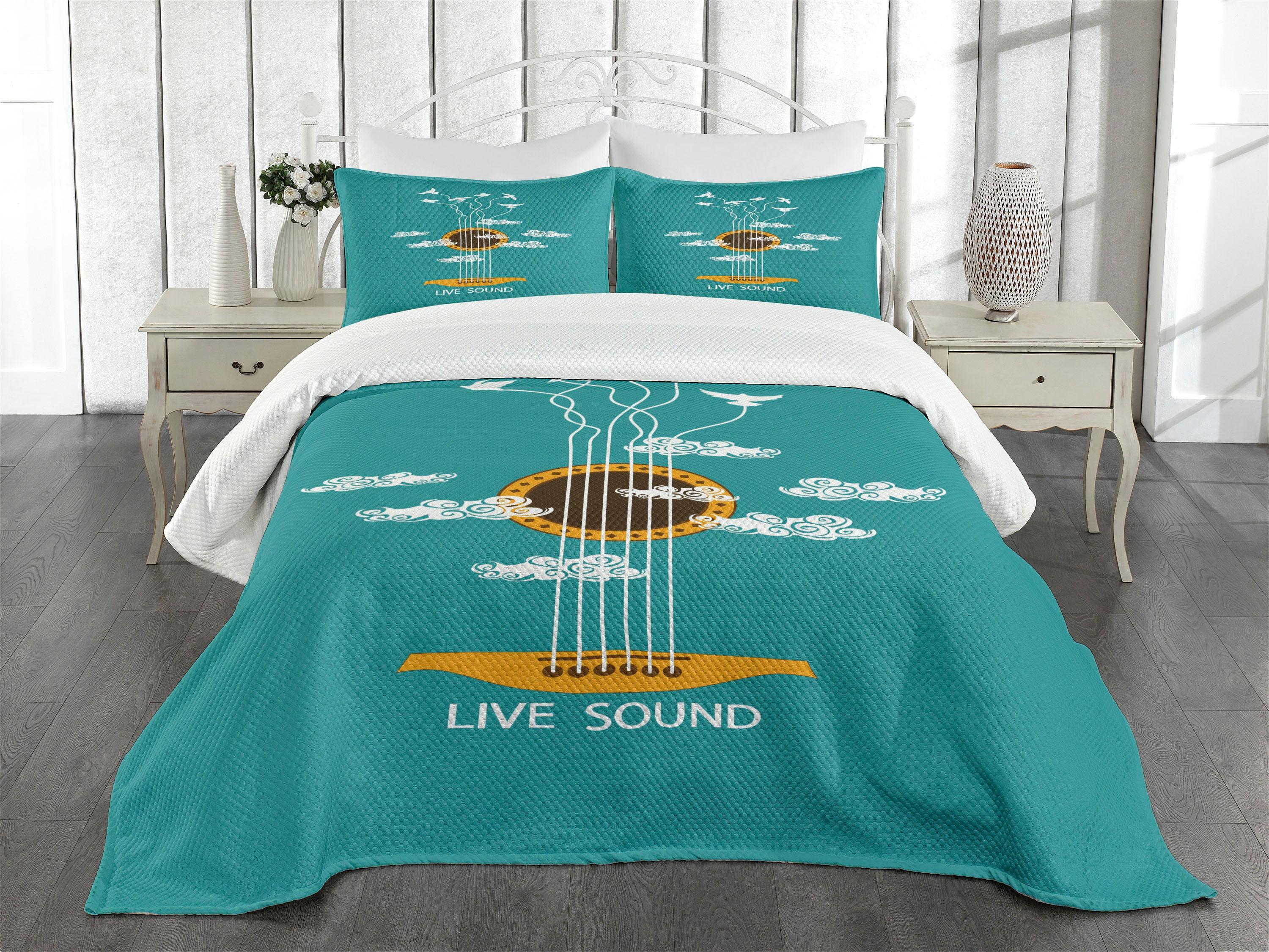 Ambensonne Guitar Bedspread Musical Freedom Bird Turquoise Marigold White