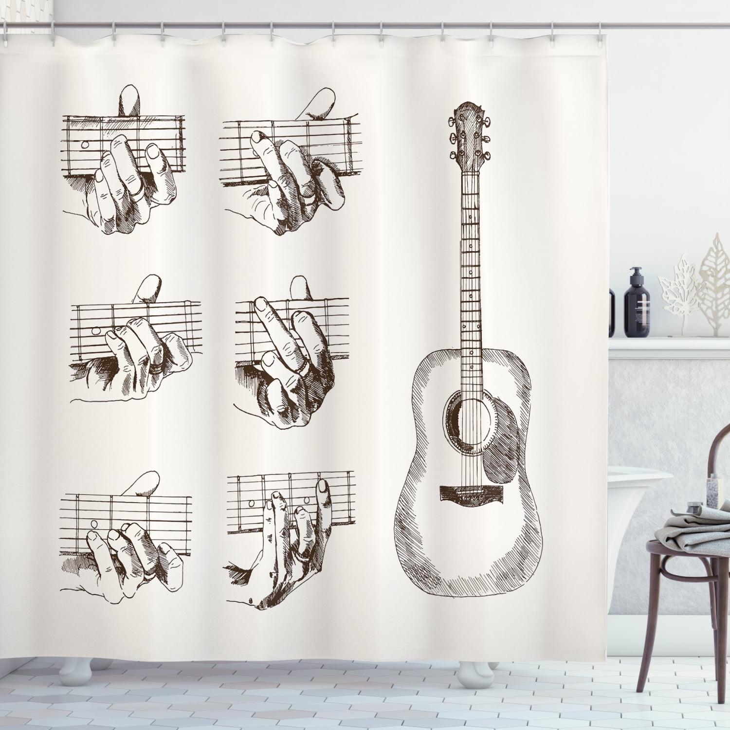 Cream and Brown Guitar Sketch Fabric Shower Curtain with Hooks