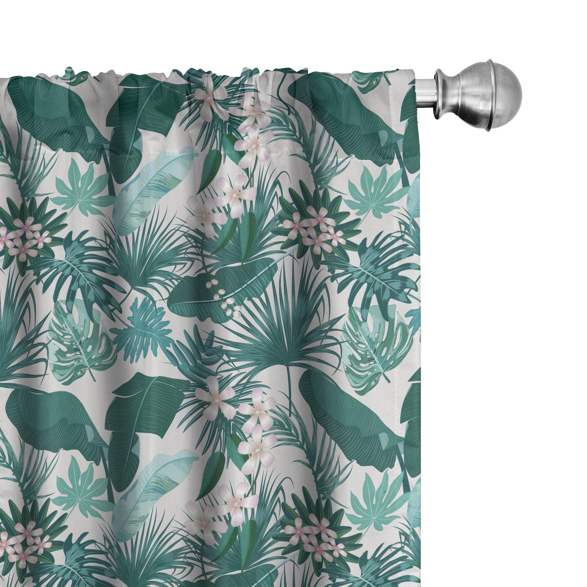 Tropical Teal Seafoam Botanical Bloom Semi-Sheer Curtain Panels, 28" x 63", Set of 2