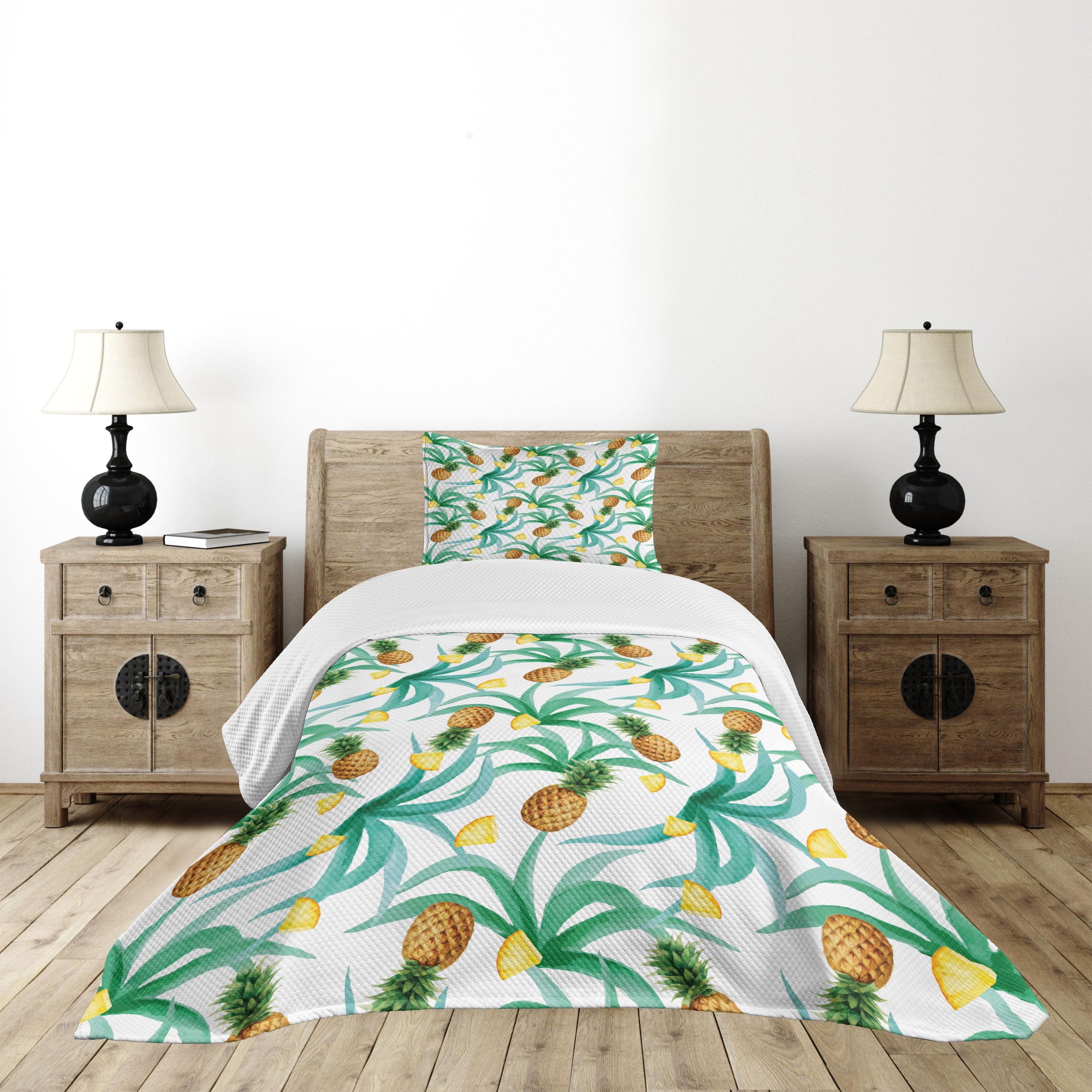 Tropical Pineapple Print Twin Bedspread Set in Jade Green and Marigold