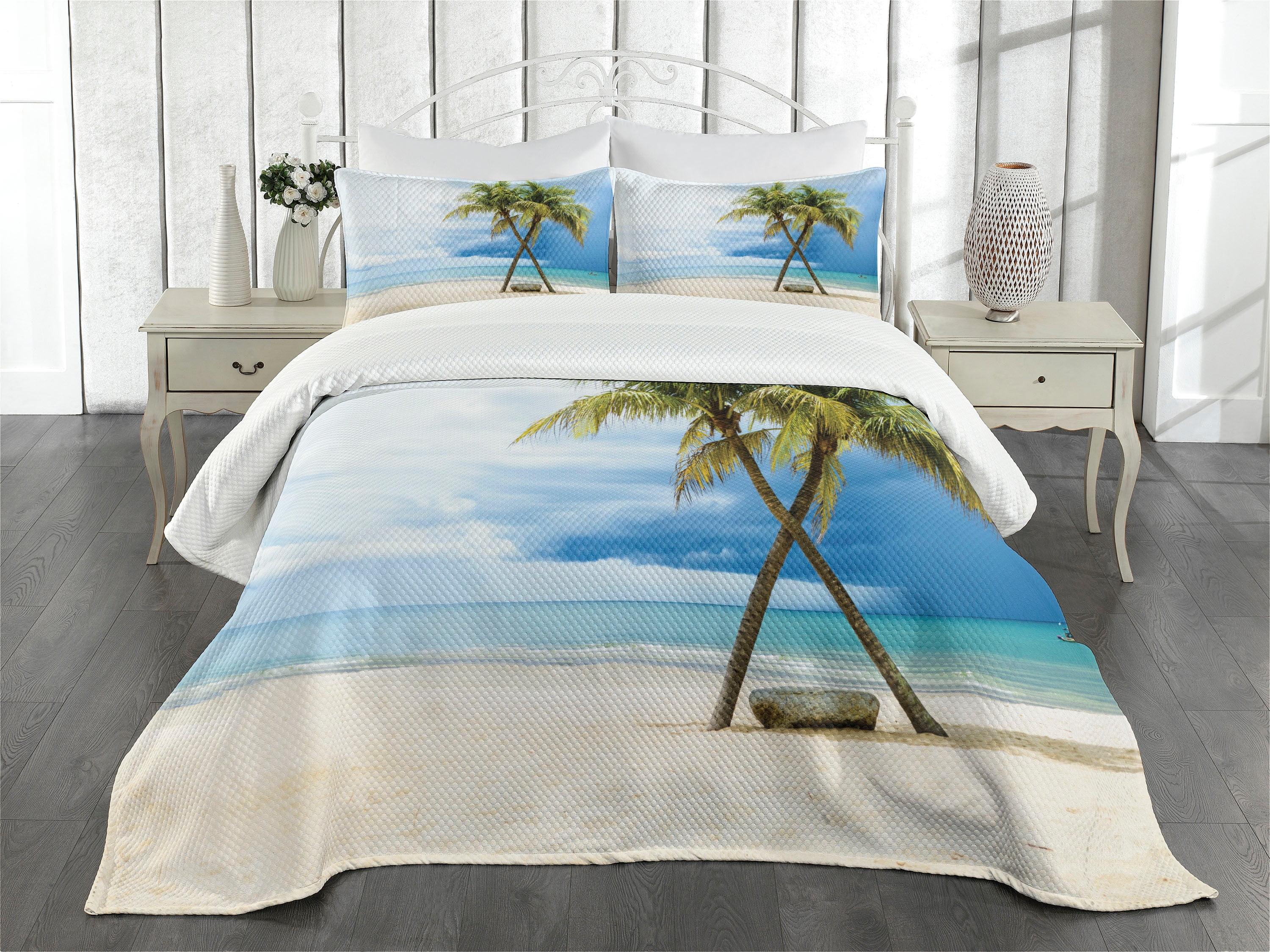 King Size White Quilted Bedspread Set with Beach Print