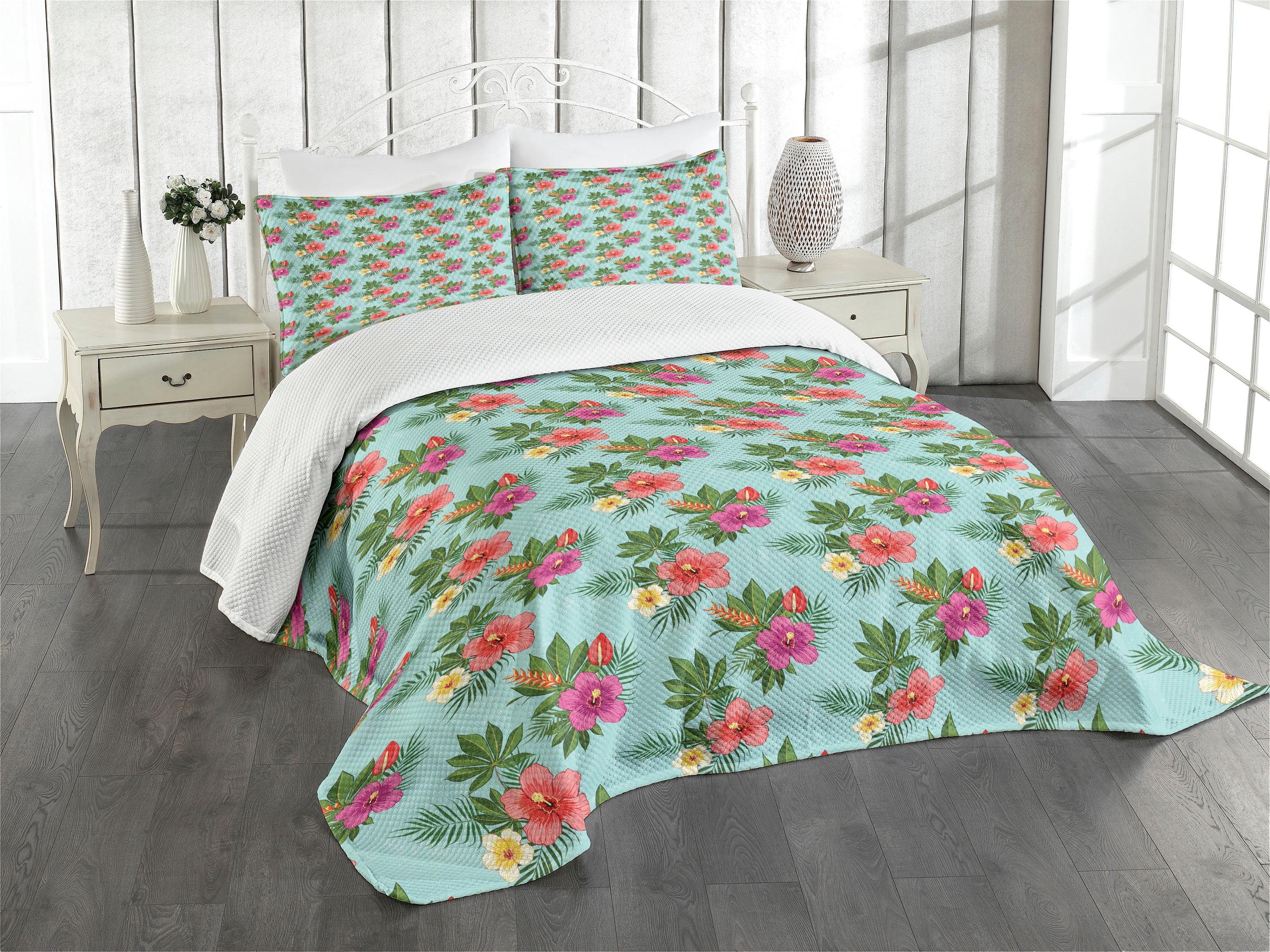 Ambesonne Ambesonne Hawaii Bedspread Set Blooming Hibiscuses Multicolor