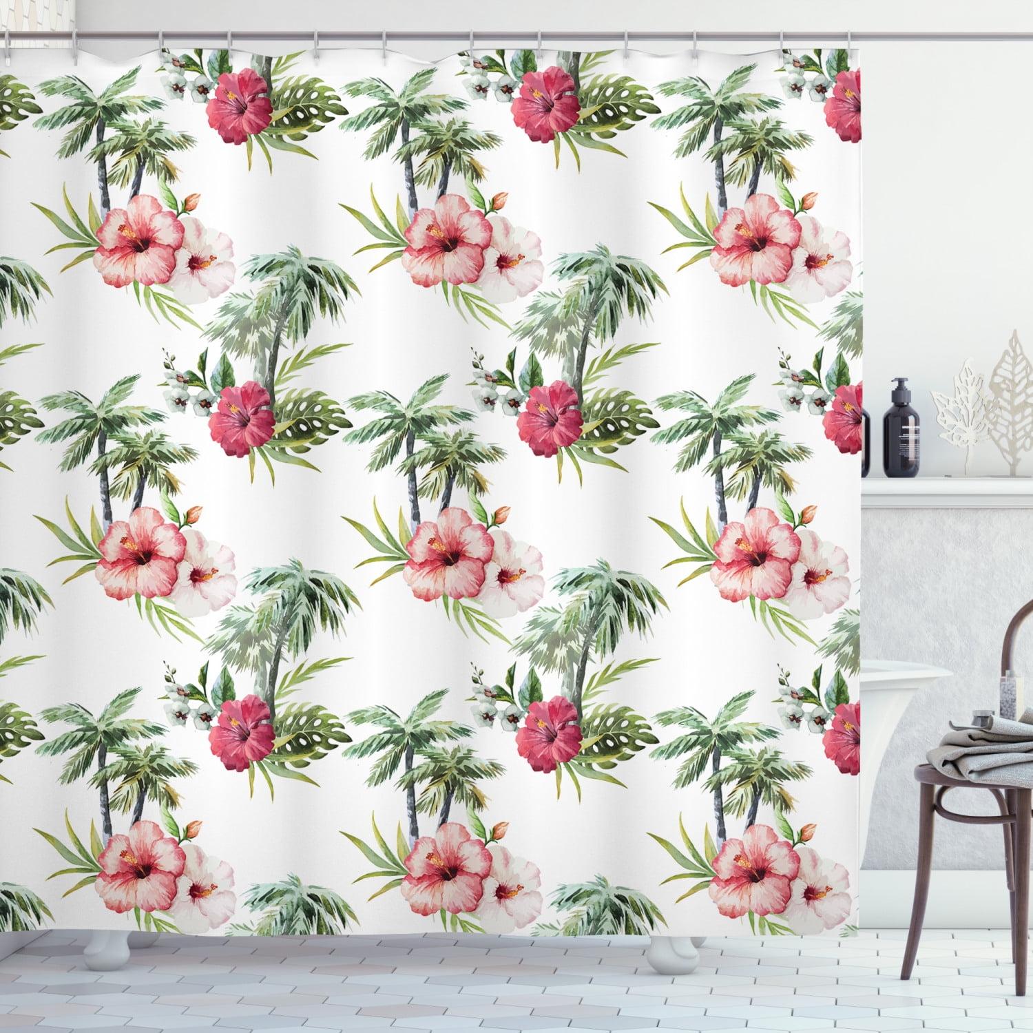 Tropical Floral Print Fabric Shower Curtain Set with Hooks