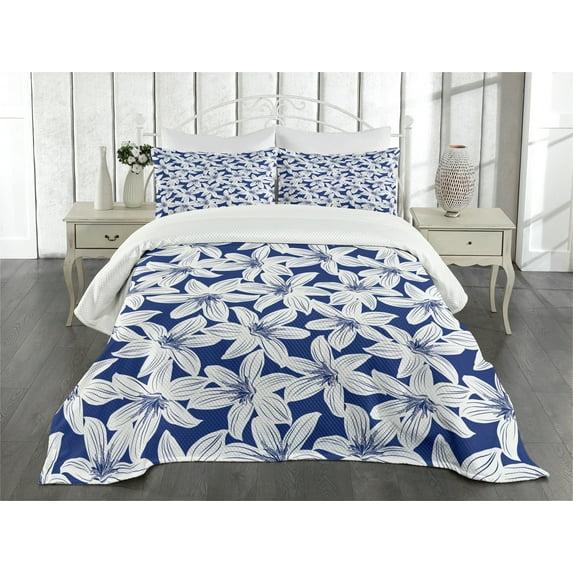 Ambesonne Ambesonne Hawaiian Bedspread Set 3 Pcs Hibiscus Flower Petals Queen White Dark Blue