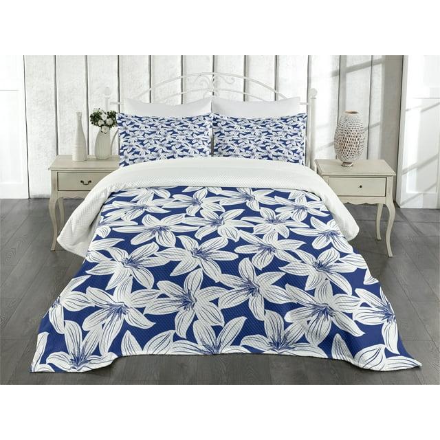 Ambesonne Ambesonne Hawaiian Bedspread Set 3 Pcs Hibiscus Flower Petals Queen White Dark Blue