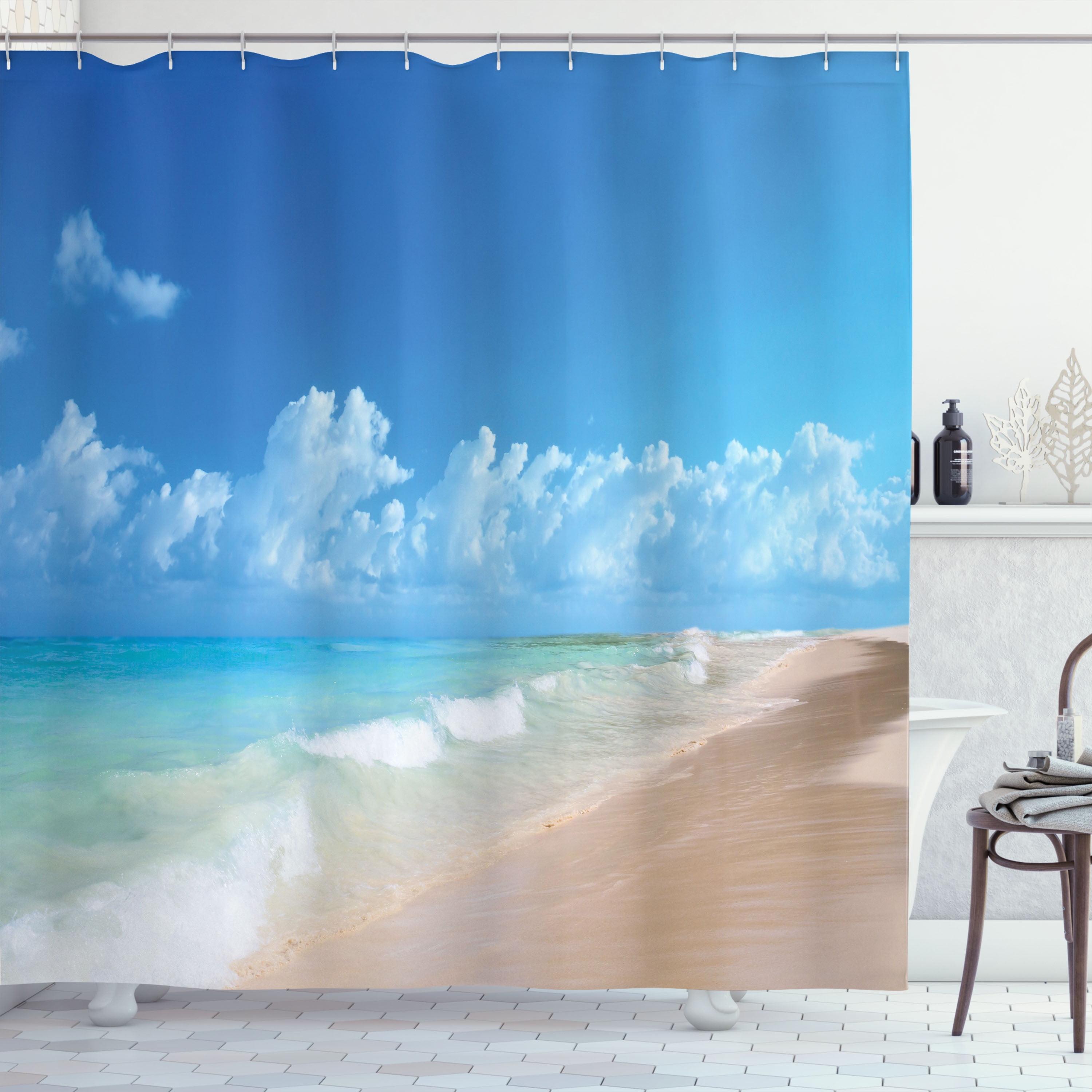 Nautical Blue and Beige Polyester Shower Curtain with Hooks