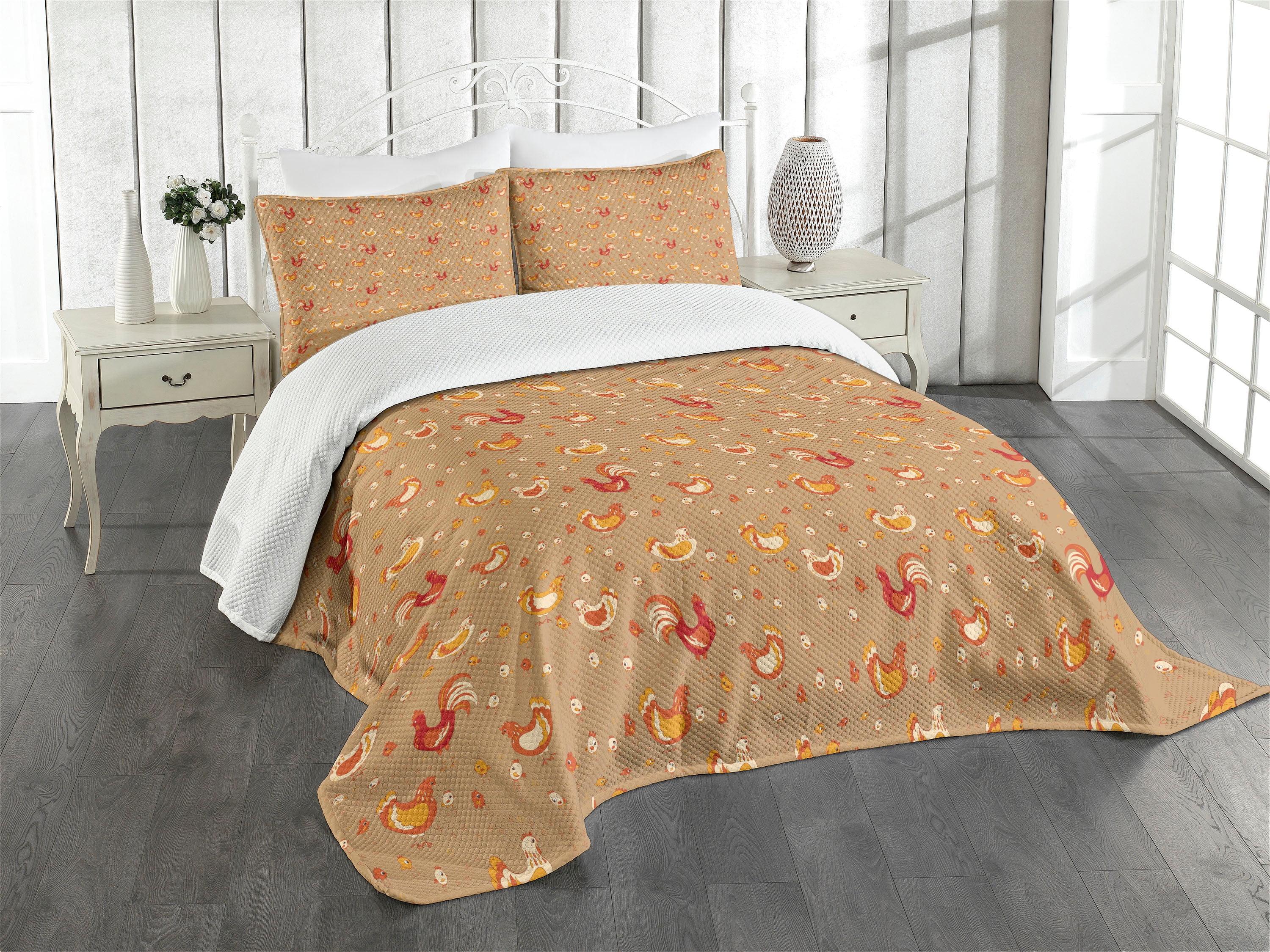 Ambesonne Ambesonne Hen and Chicks Bedspread Set Farm Family Animals Camel Vermilion
