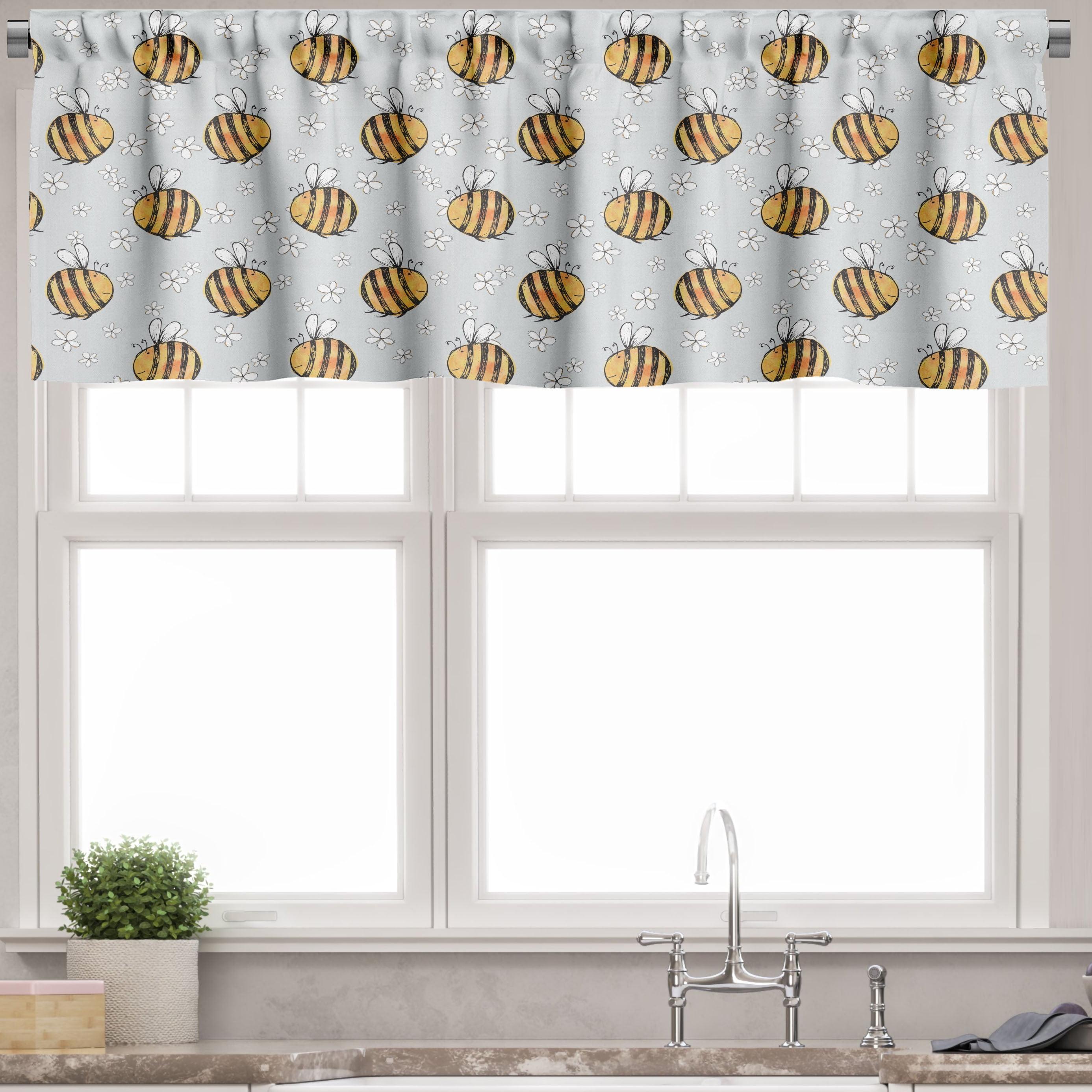 Grey Mustard Honey Bee Satin Polyester Rod Pocket Valance