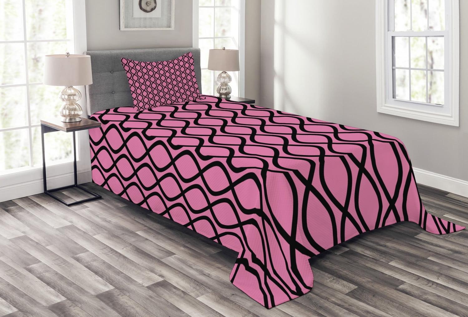 Pink and Black Twin Quilted Bedspread Set with Pillow Sham