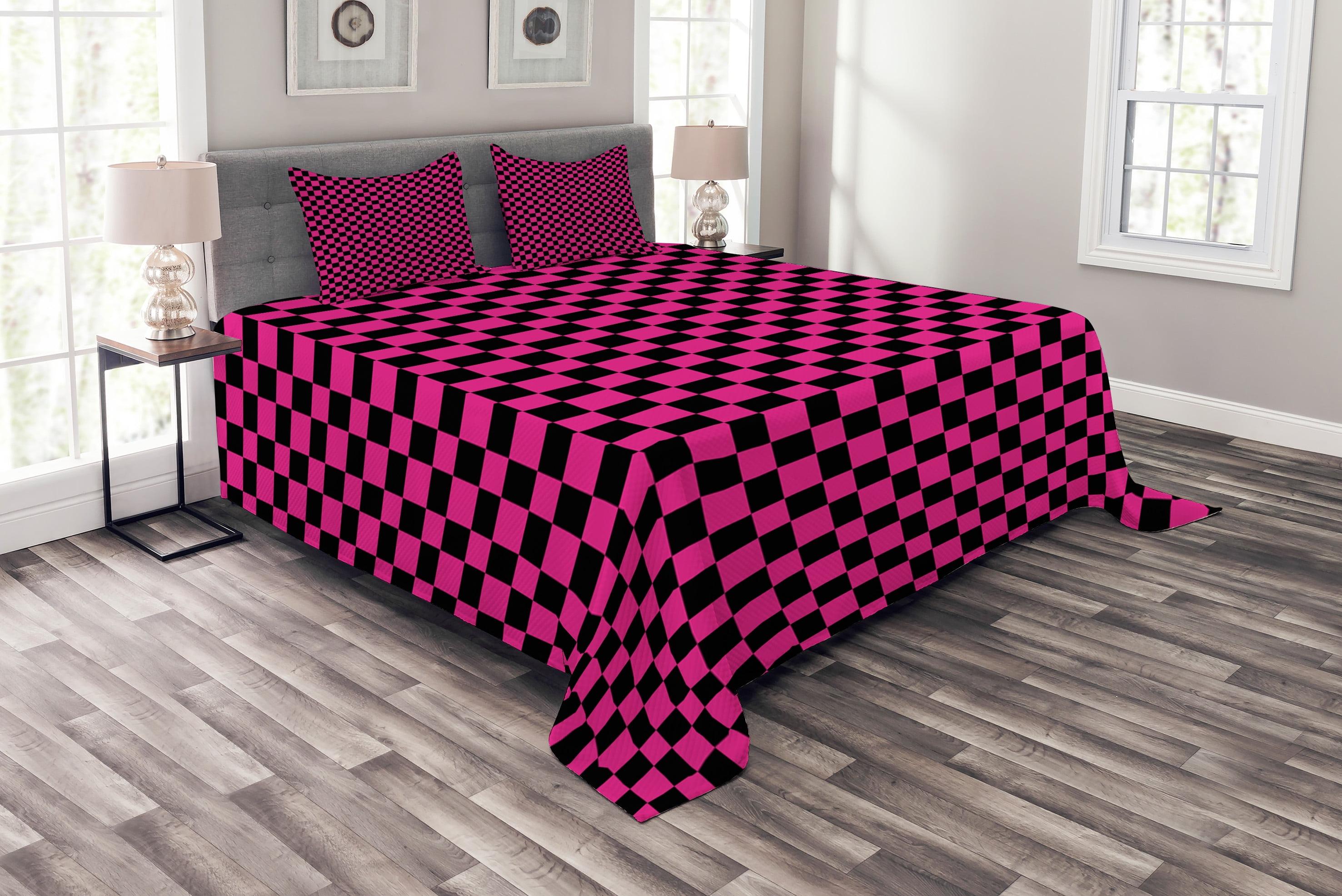 Ambesonne Hot Pink Bedspread Set Gingham Checks Vibrant Magenta Black