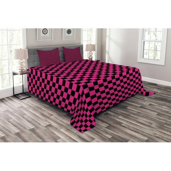 Ambesonne Ambesonne Hot Pink Bedspread Set Gingham Checks Vibrant Magenta Black