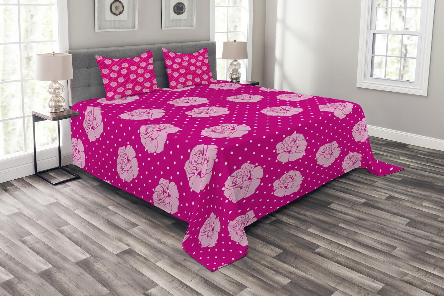 Ambesonne Ambesonne Hot Pink Bedspread Set Vintage Roses Love Dot Hot Pink Pale Pink White