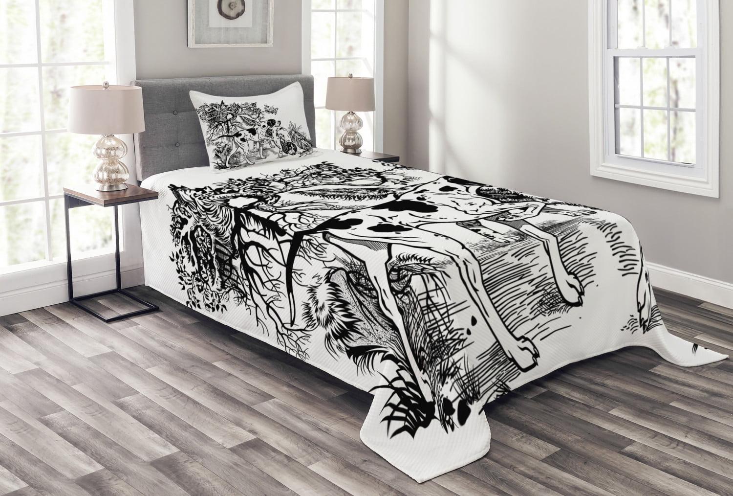 Ambesonne Ambesonne Hunting Bedspread Dogs in Forest Black White