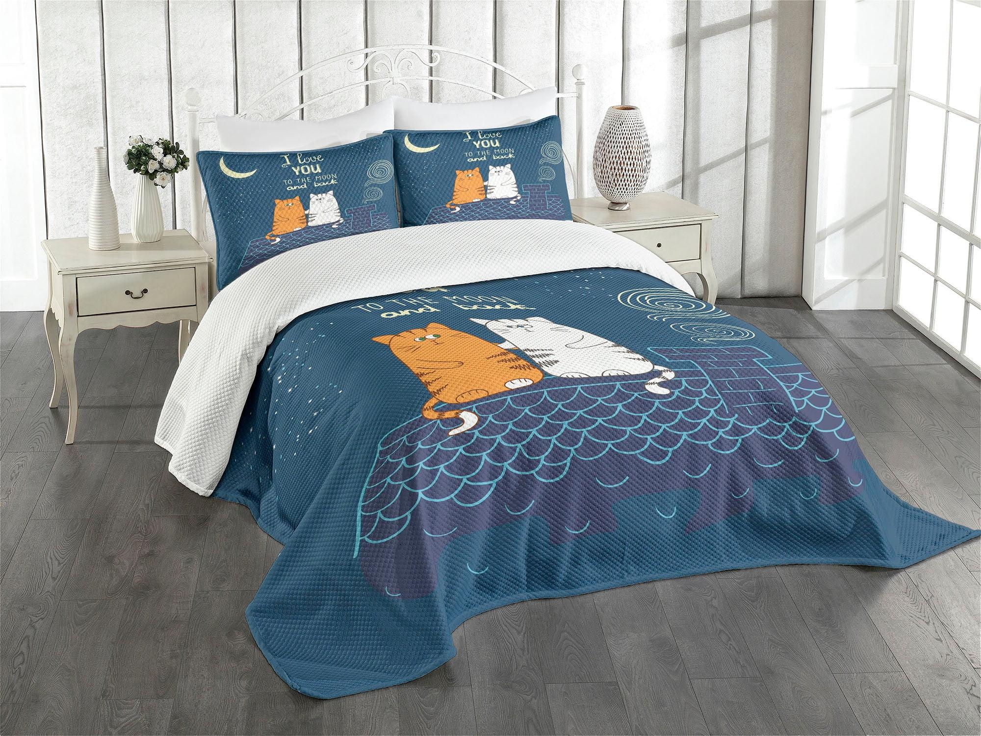 Ambesonne I Love You Bedspread Set Love Cats on Roof Petrol Blue Ivory