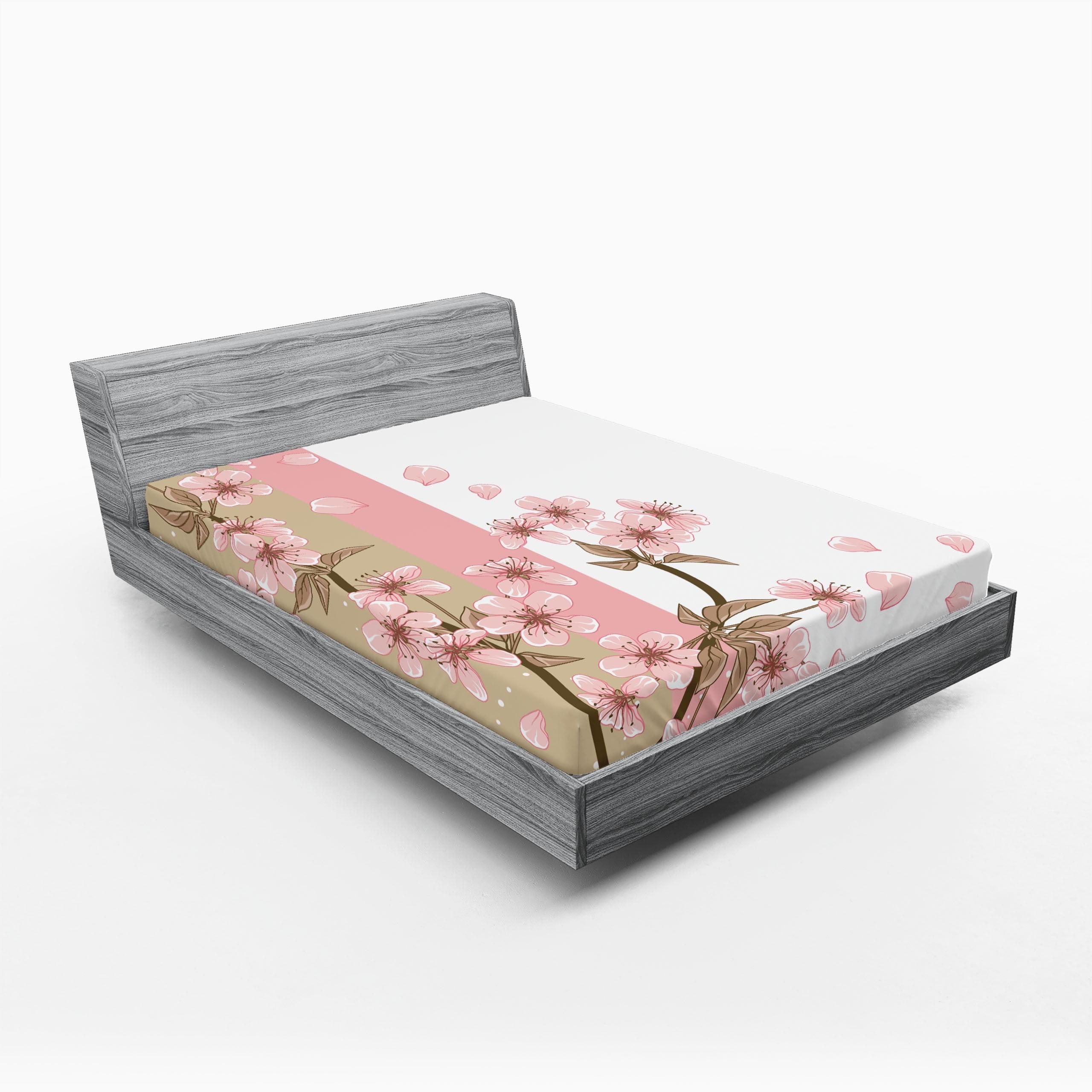 Queen White and Pink Microfiber Sakura Print Fitted Sheet