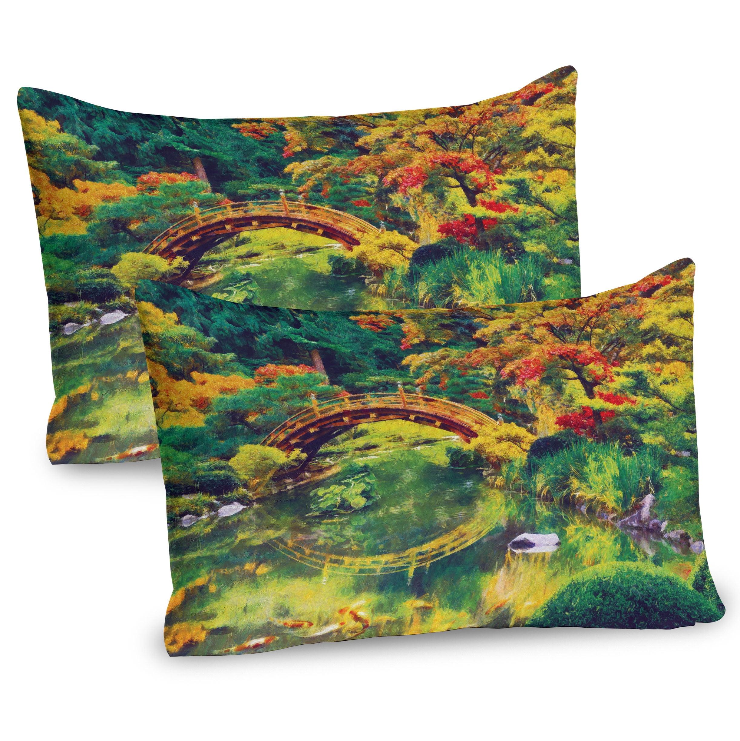 Japanese Garden Green and Orange Microfiber Pillow Sham Set