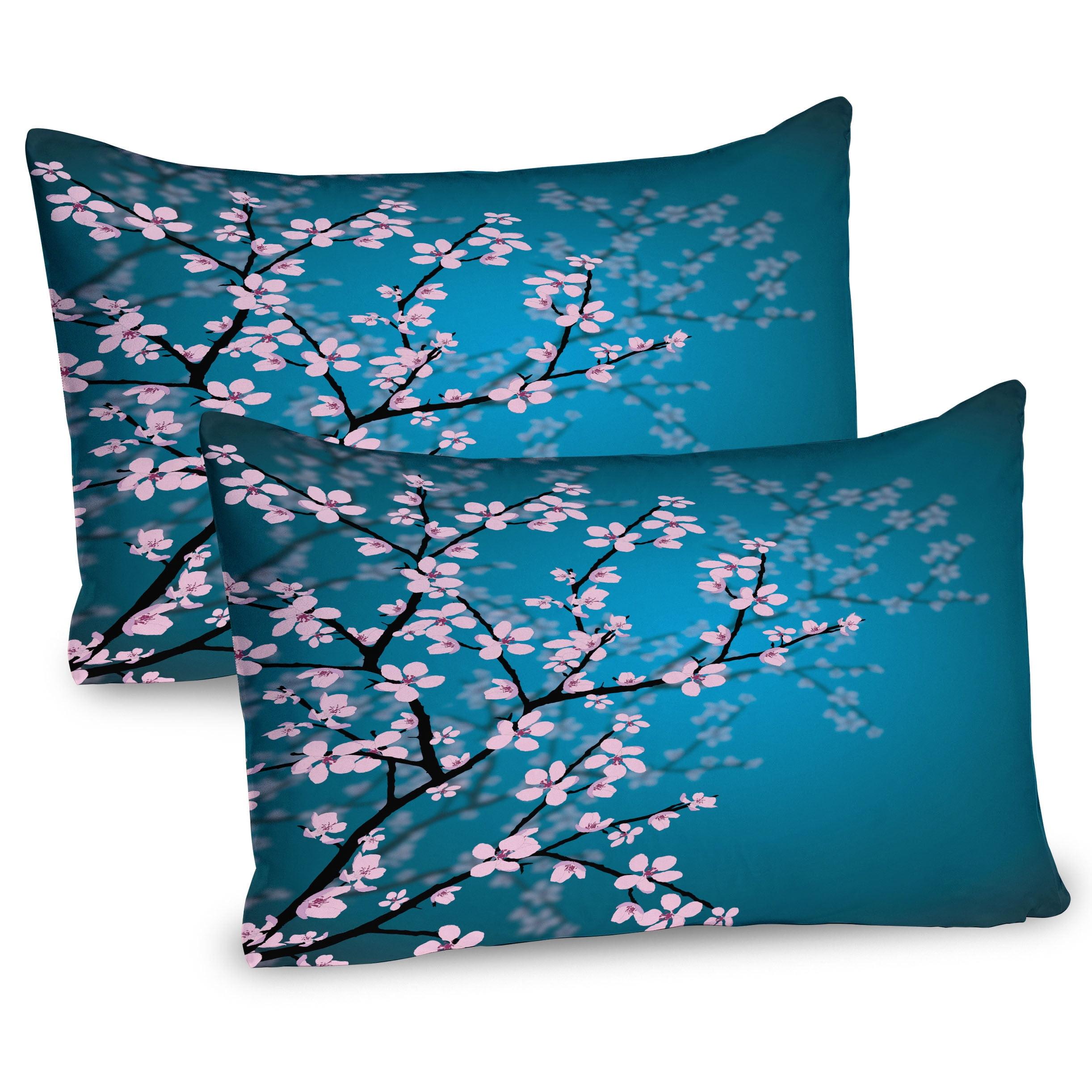 Petrol Blue and Pale Pink Sakura Bloom Microfiber Pillow Shams, 2-Pack