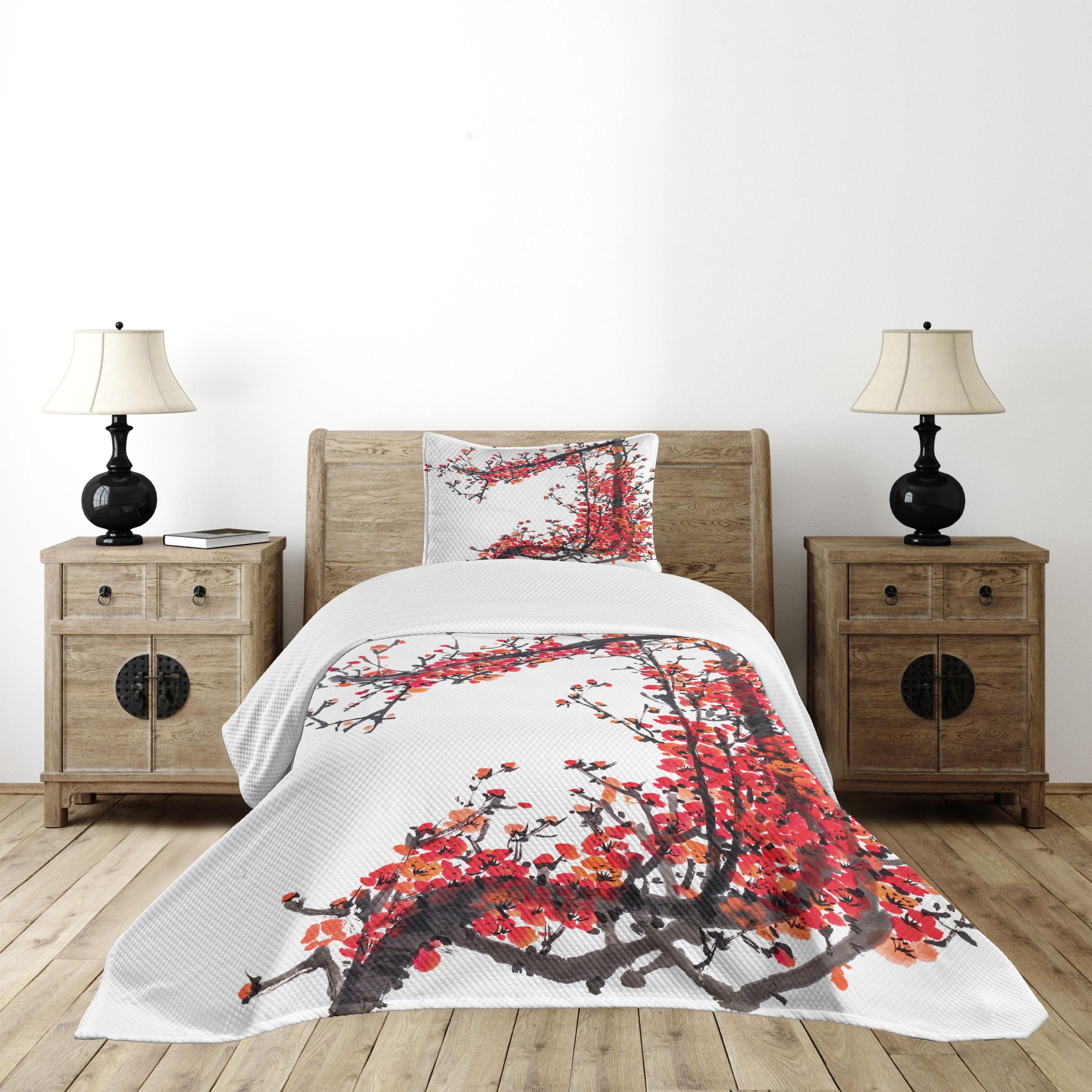 White Quilted Twin Bedspread Set with Cherry Blossom Design