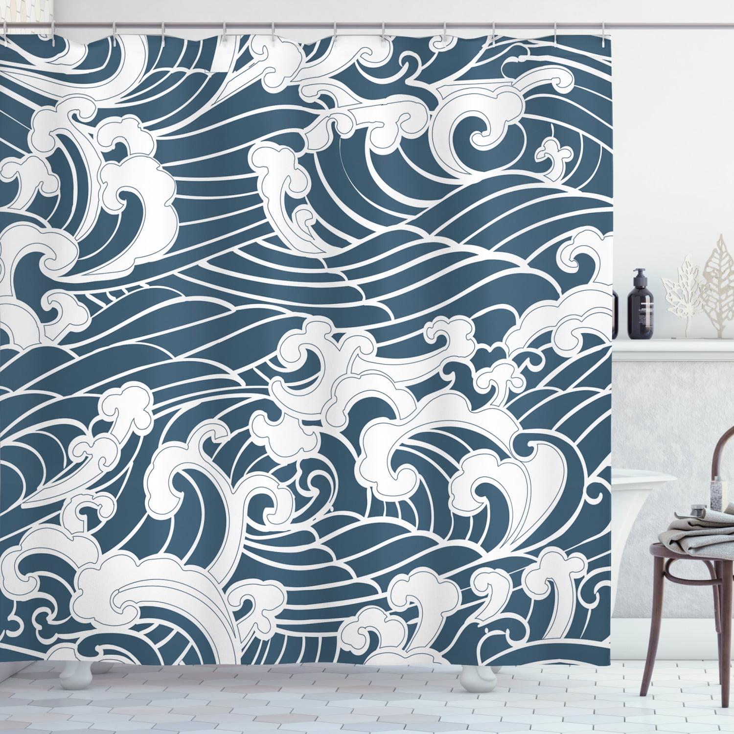 Slate Blue and White Japanese Wave Fabric Shower Curtain