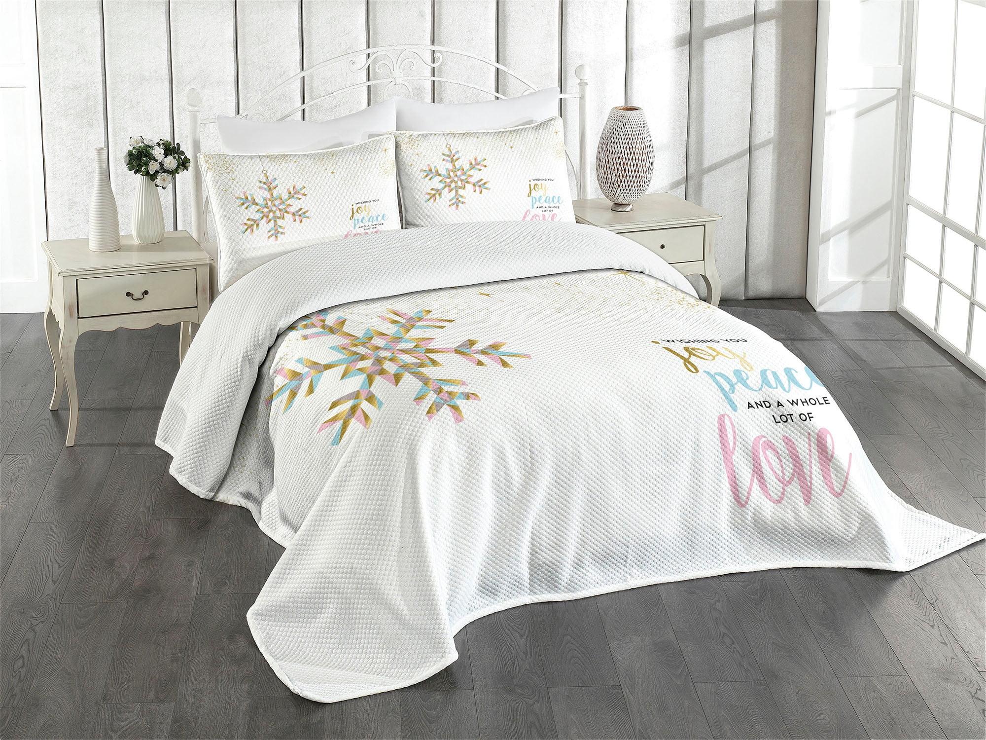 Ambesonne Joy Bedspread Set Christmas Snowflake Love Pale Pink Pale Blue