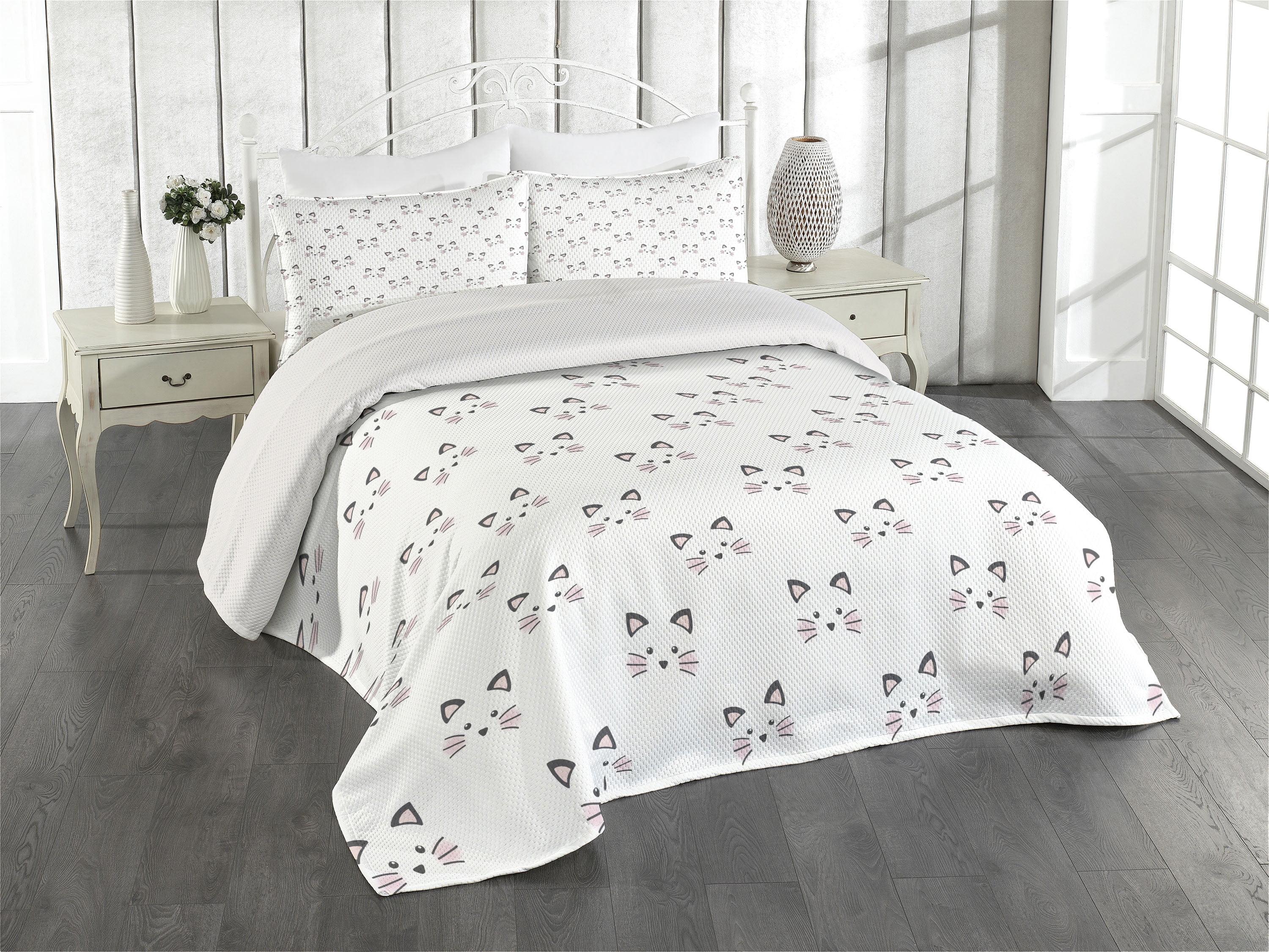 Ambesonne Kitten Bedspread Set Blushing Face Cartoon Grey Pale Pink