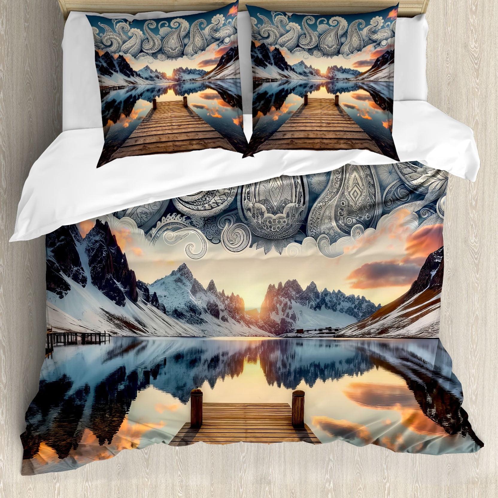 King Slate Blue and Peach Paisley Lake Duvet Cover Set