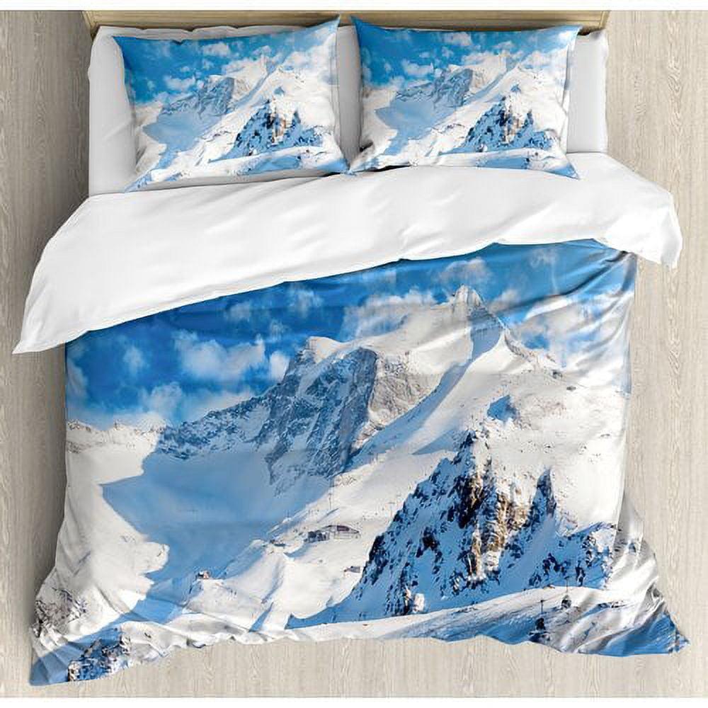 King Size Blue and White Mountain Landscape Duvet Cover Set