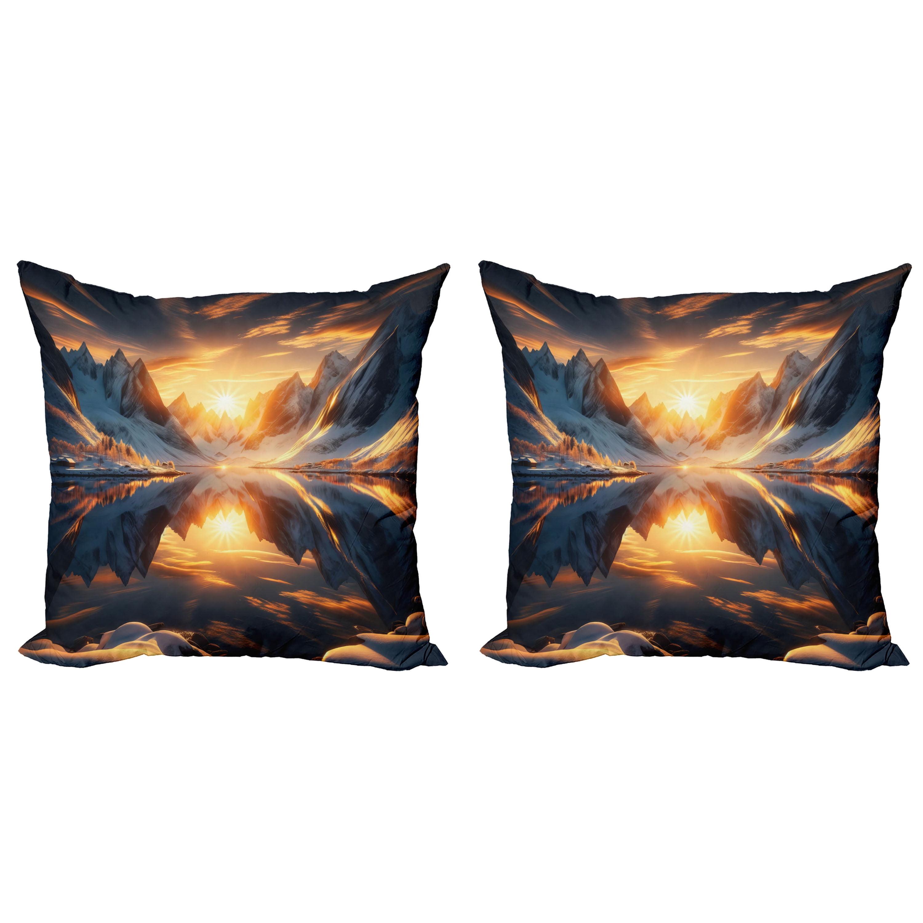 Orange and Dark Blue Mountain Lake Microfiber Throw Pillow Set