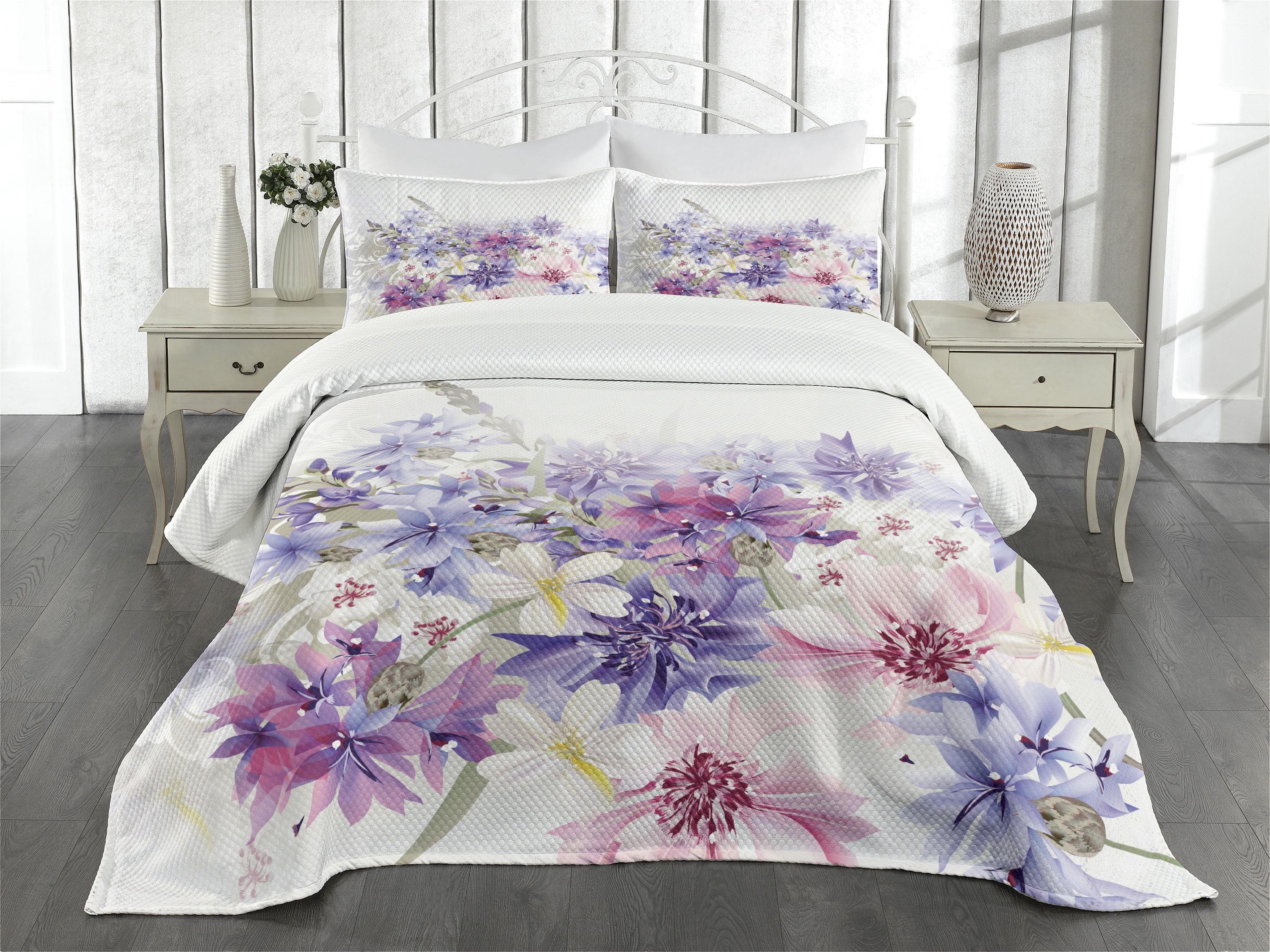Ambesonne Ambesonne Lavender Bedspread Set Pink Purple Flowers Violet White Pink