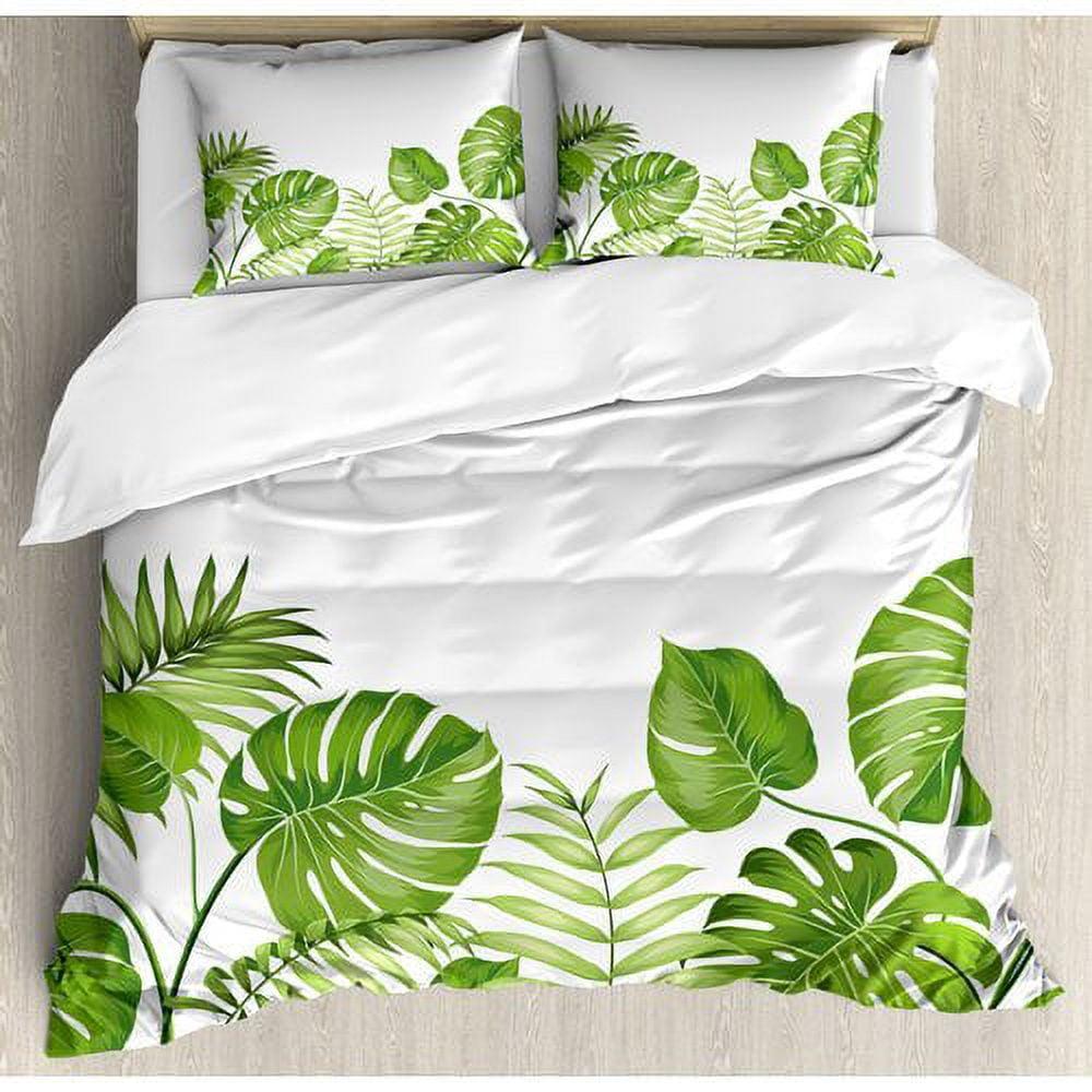 Queen Green and White Botanical Leaf Duvet Cover Set