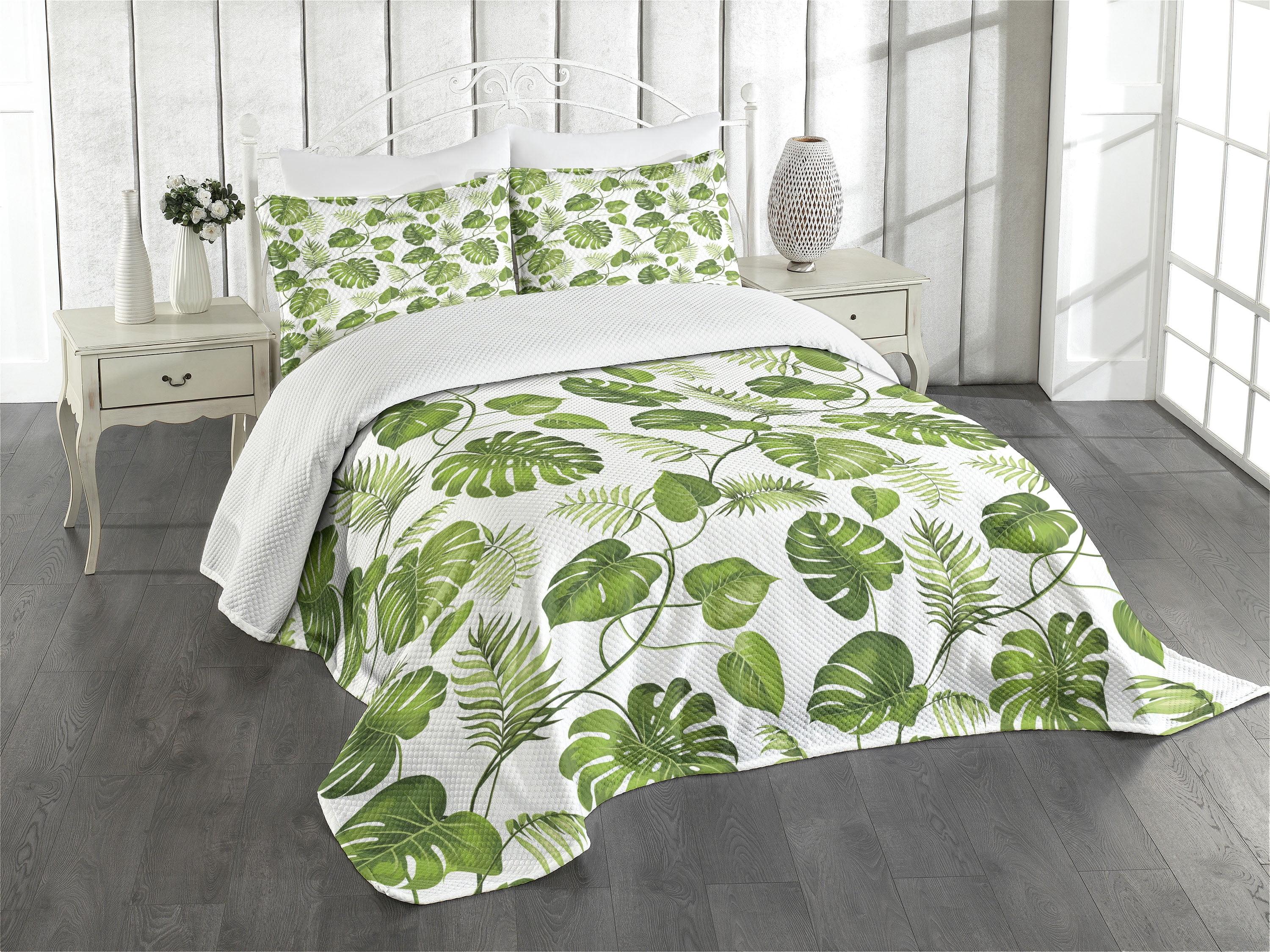 Queen White and Green Leaf Pattern Polyester Bedspread Set