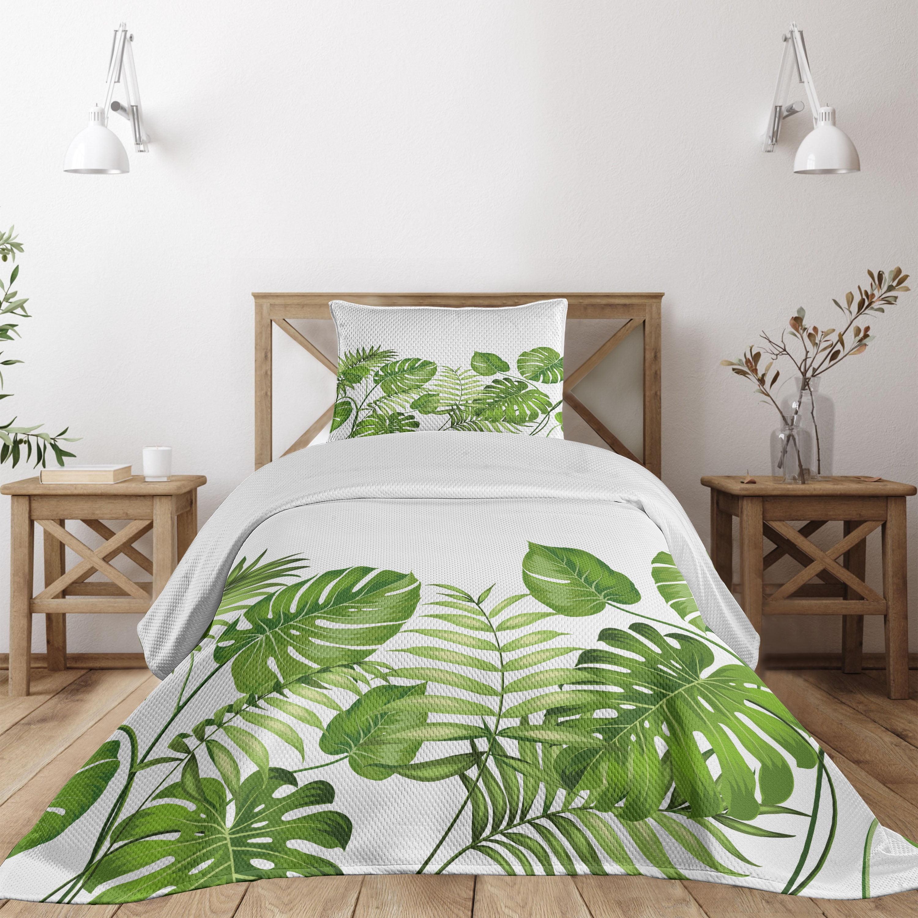 Ambesonne Leaf Bedspread Set Foliage Swirls Botanic Pale Green