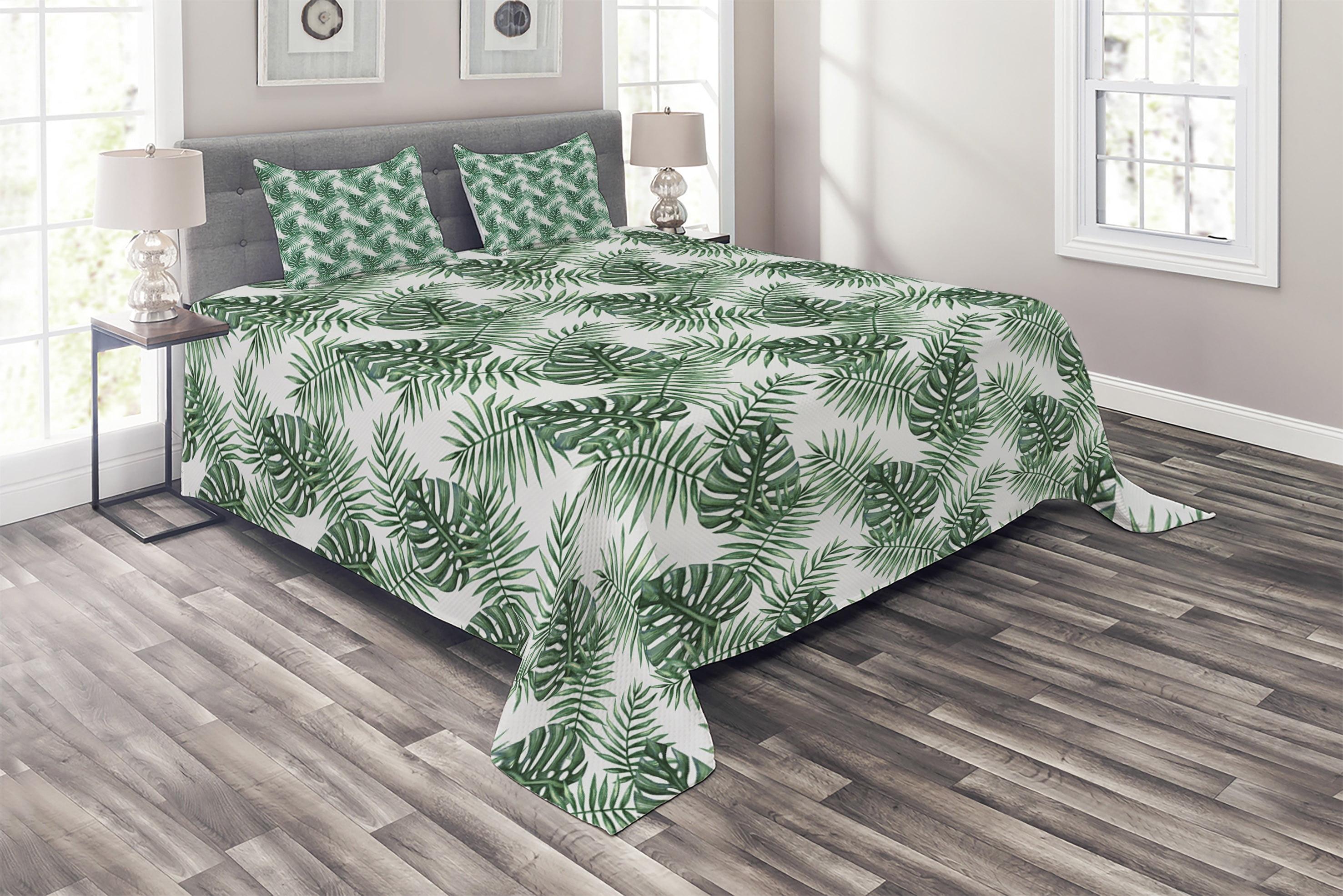 King White and Green Polyester Leaf Bedspread Set