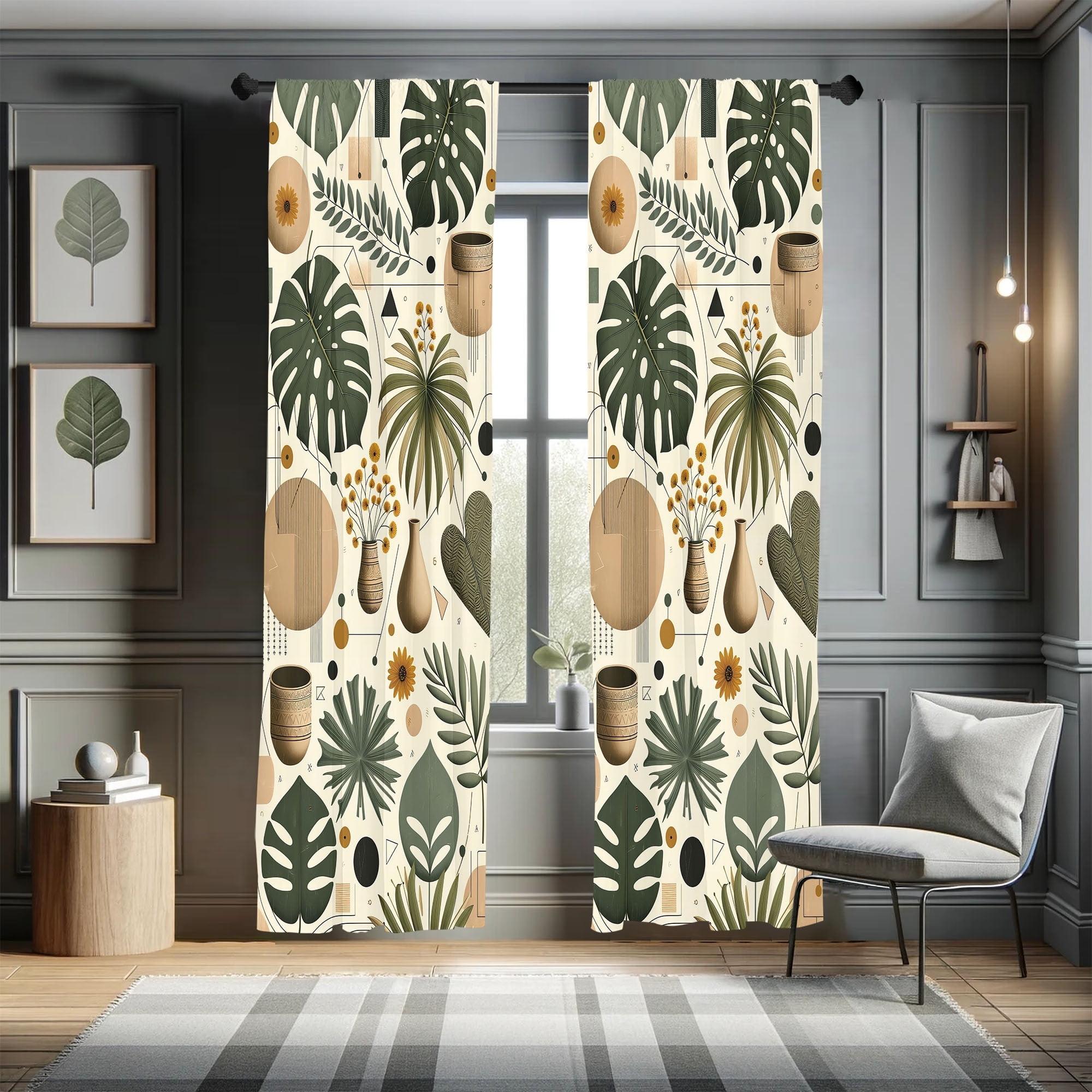 Laurel Green and Camel Beige Leafy Art Curtain Panels