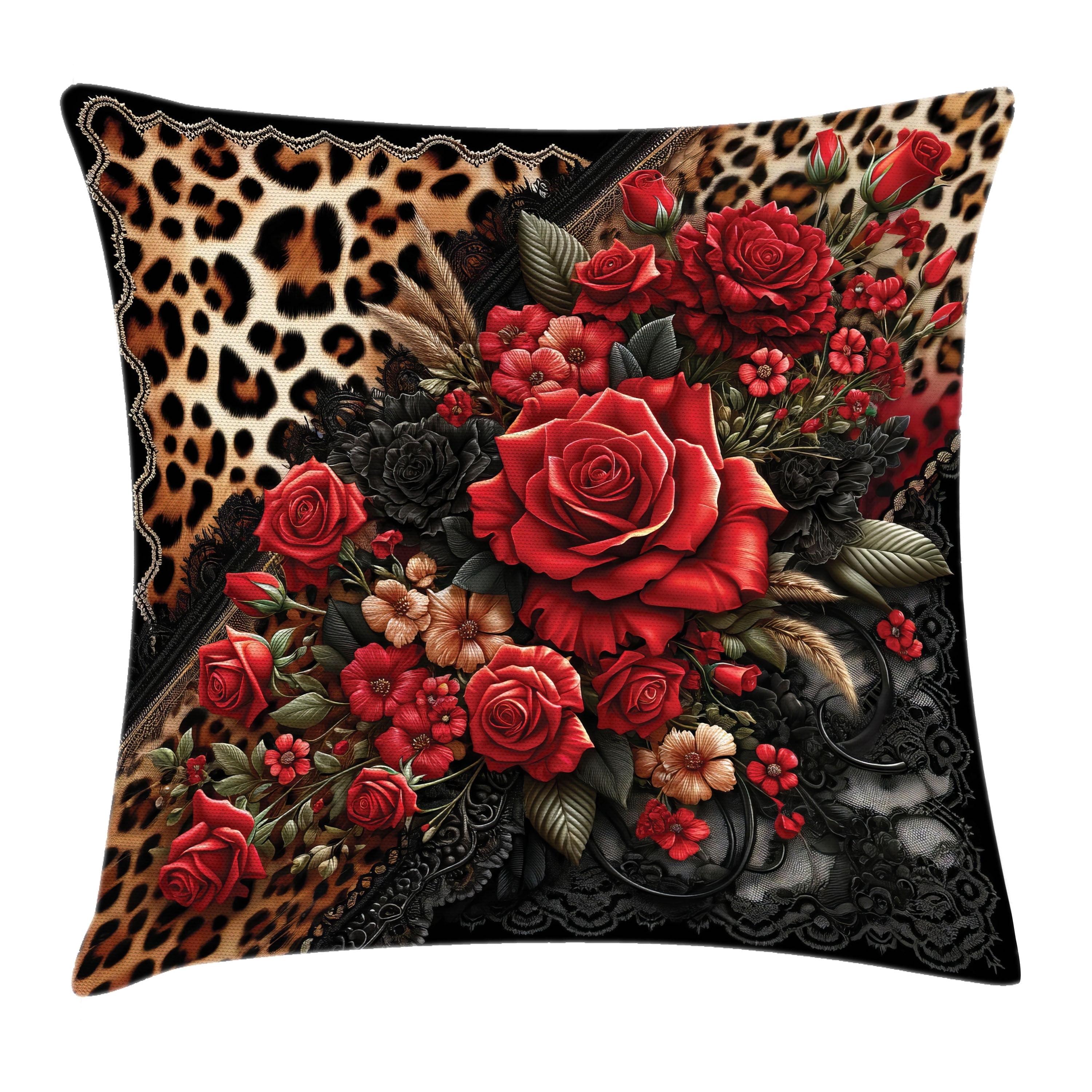 Leopard Print Red Rose Polyester Pillow Cover, 24" x 24"