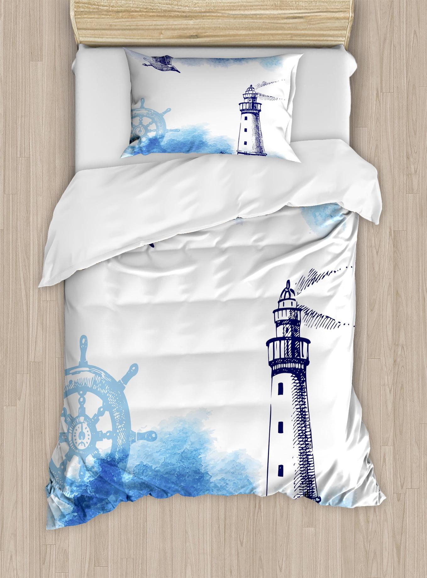 Twin Blue and White Nautical Lighthouse Duvet Cover Set