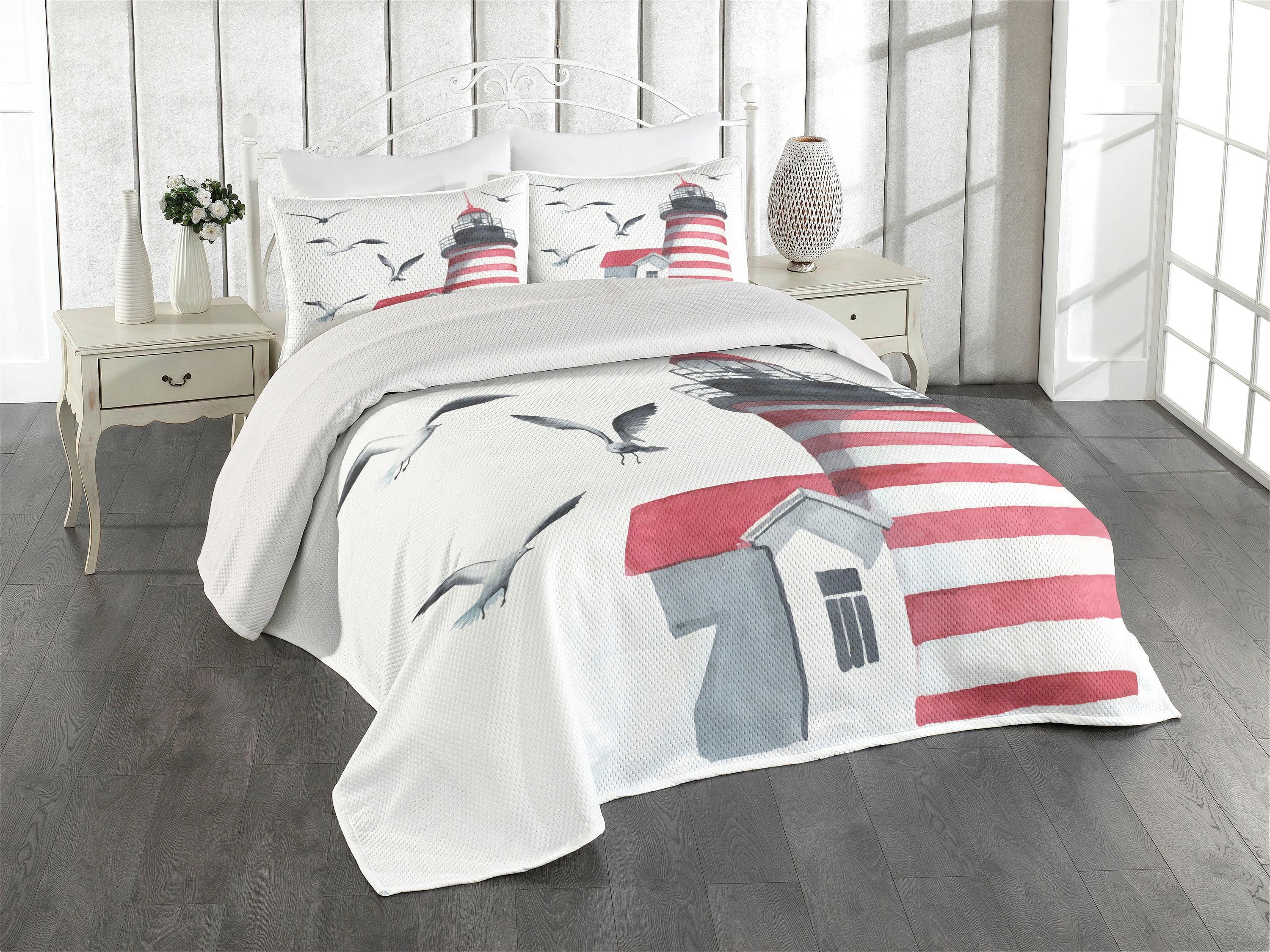 King Size White Quilted Bedspread Set with Lighthouse Design