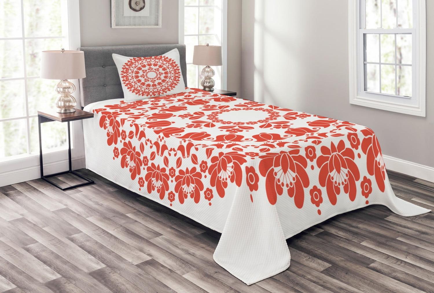 Twin White and Vermilion Mandala Polyester Bedspread Set