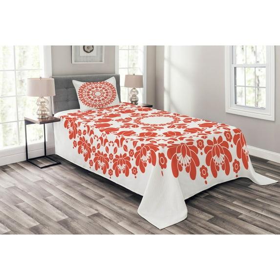 Ambesonne Ambesonne Mandala Bedspread Set Hungarian Round Folk Art White and Vermilion