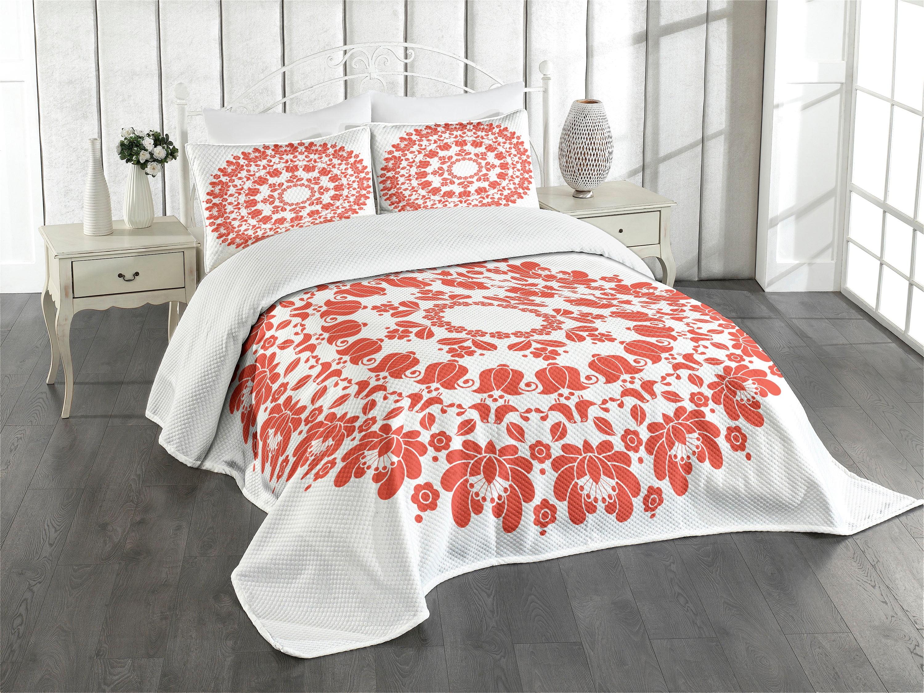 Ambesonne Ambesonne Mandala Bedspread Set Hungarian Round Folk Art White and Vermilion