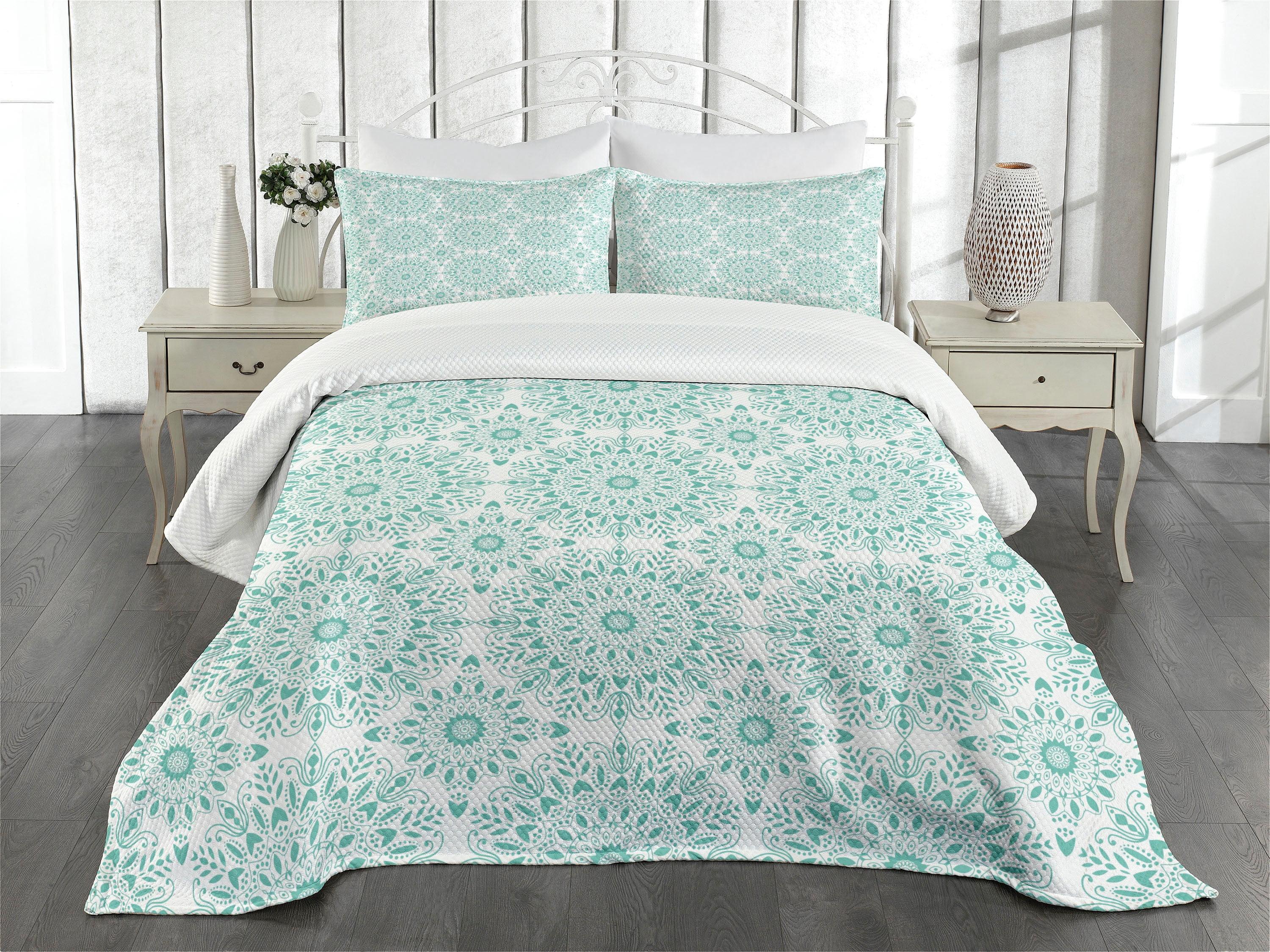 Ambesonne Ambesonne Mandala Bedspread Set Oriental Swirls Aqua and White