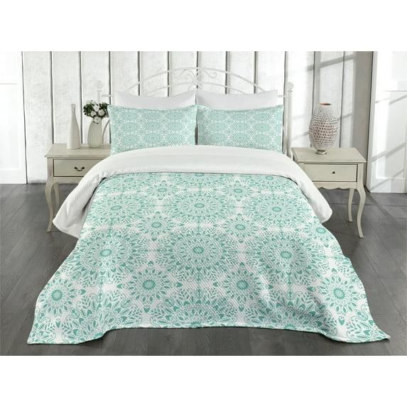 Ambesonne Ambesonne Mandala Bedspread Set Oriental Swirls Aqua and White