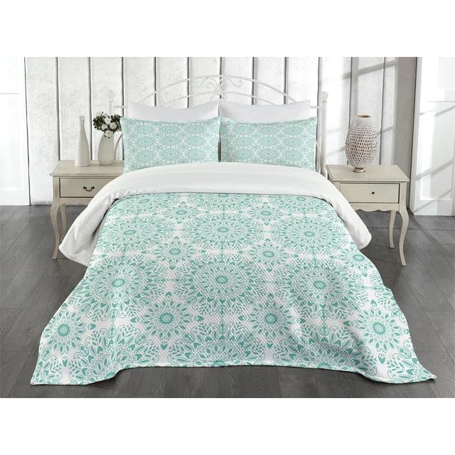 Ambesonne Ambesonne Mandala Bedspread Set Oriental Swirls Aqua and White