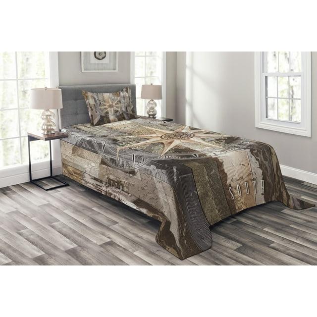 Ambesonne Ambesonne Marine Life Bedspread Set Compass Navy Ocean Brown